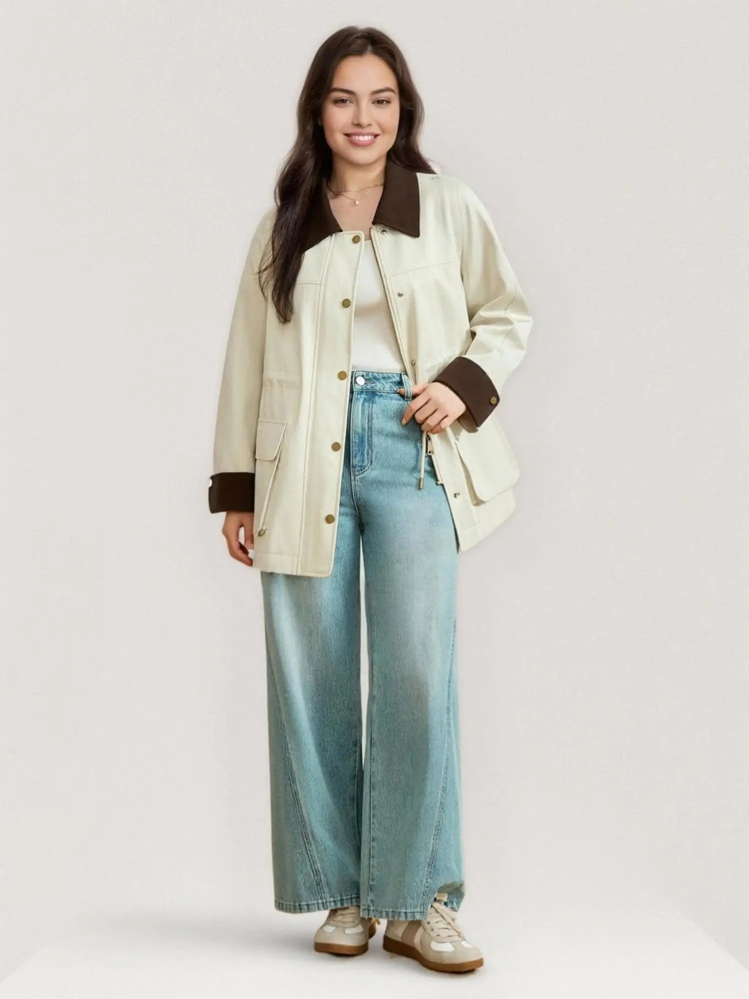 DUSHU Women Spring Casual Trench One Hand Length Turn-down Collar Trenches Drawstring Women Beige Grey Coats 25DS81201