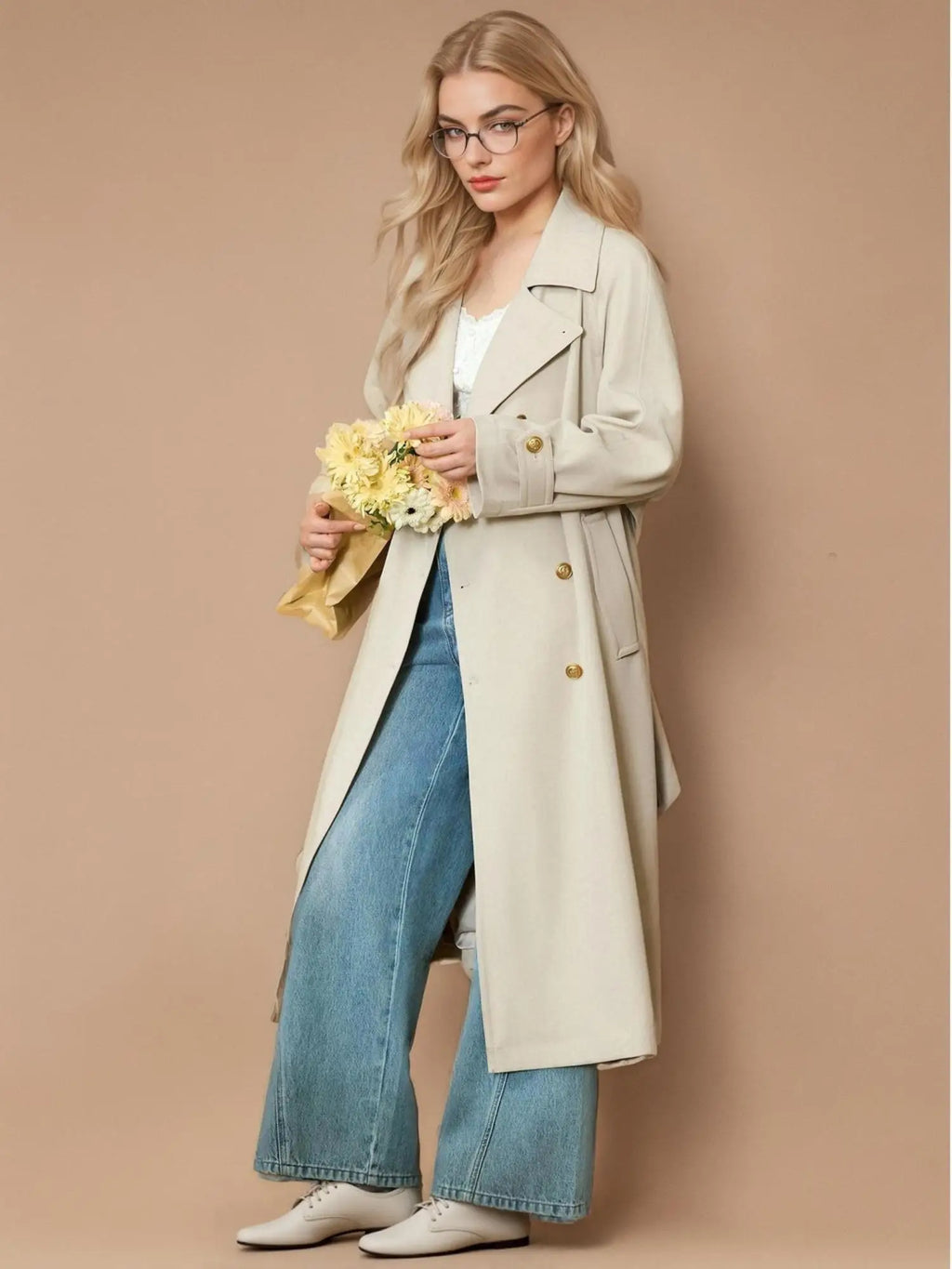DUSHU Plus Size Women's Casual Double Breasted Trench 2025 Spring New Product Fashionable Long Casua Loose Trench 25DS81200