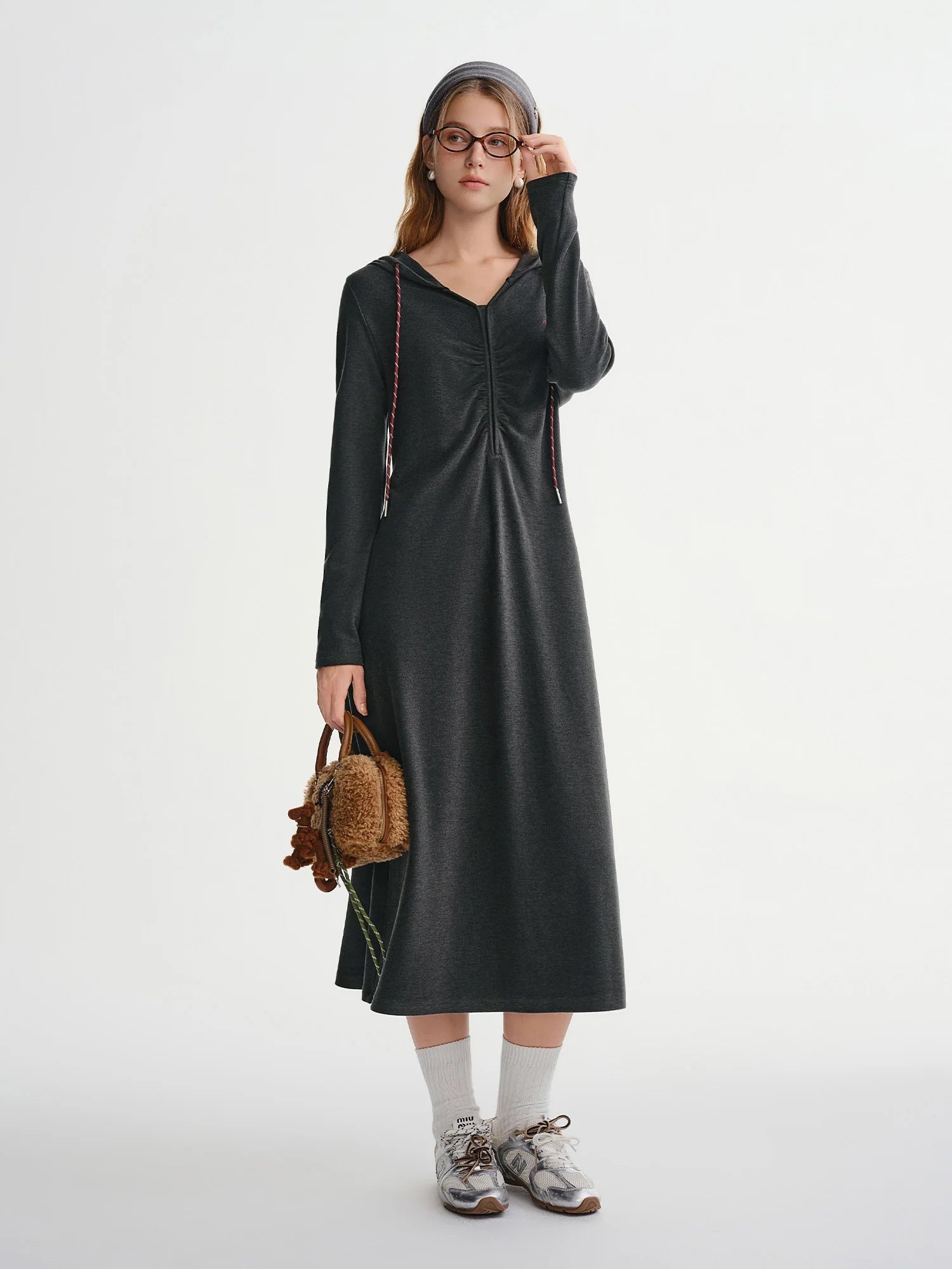 DUSHU Plus-size Women's Casual Hooded Pleated Waist Dress - Winter 2025 from the Active Moments Collection Stylish Flattering