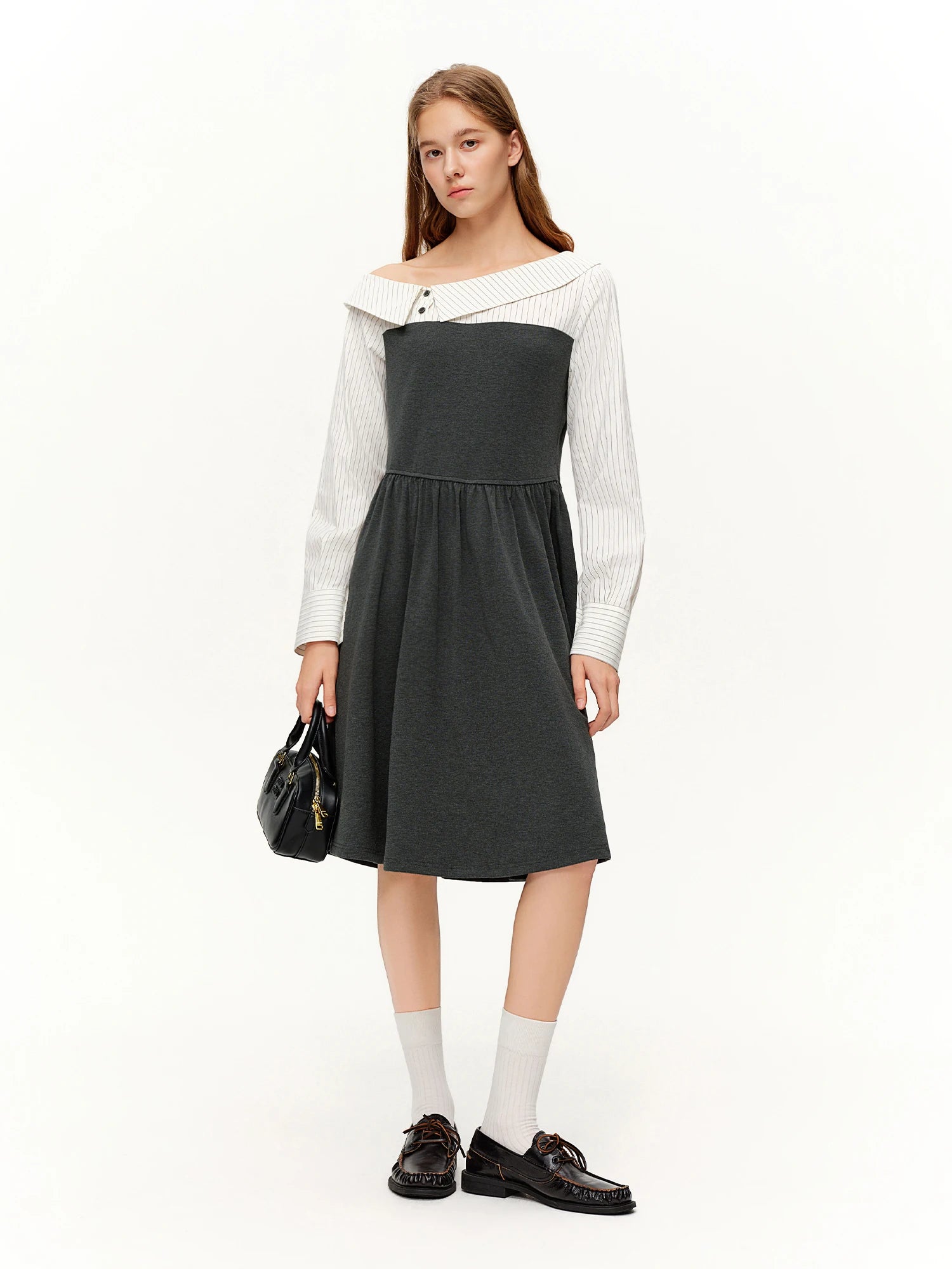 DUSHU Commuting Style U-Neck Stripe Dress 2026 Spring New Arrival Collection Two-Piece Illusion Asymmetric Hemline Design Dress