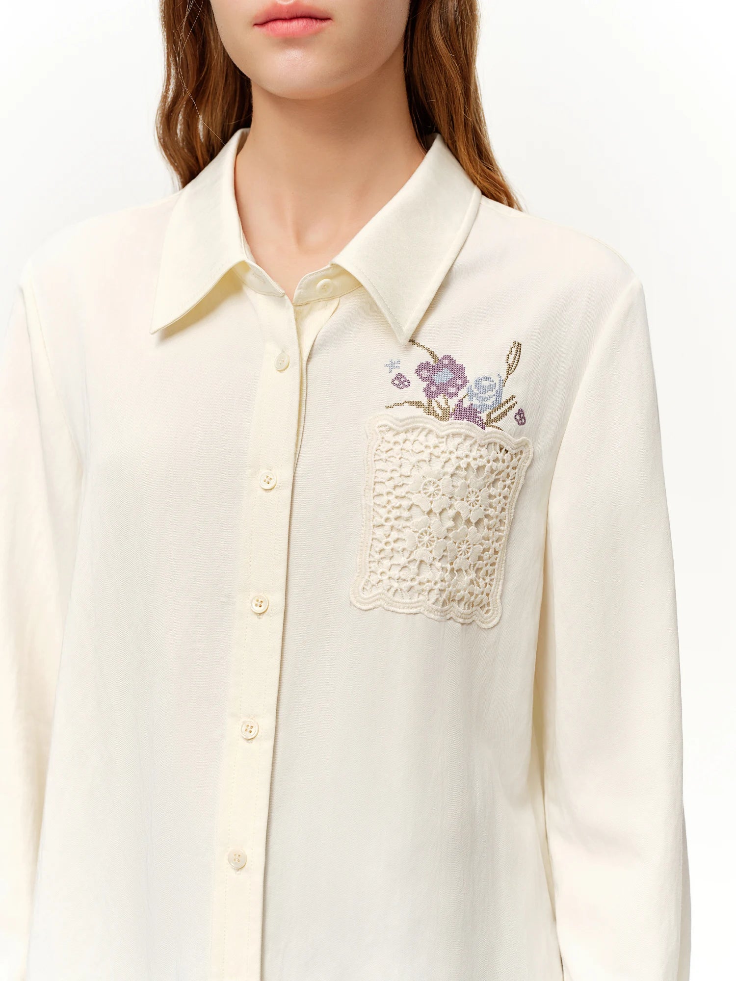 DUSHU 2026 New Spring Women's French Lazy Embroidered Blouse, White Lace Office Chic Shirt for Coquette Chic Cottagecore Style