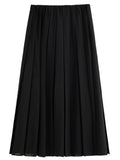 DUSHU 2026 Spring Women's A-Line Pleated Midi Skirt - Elegant Flowly Long Skirt with High Waist for Casual and Office Wear