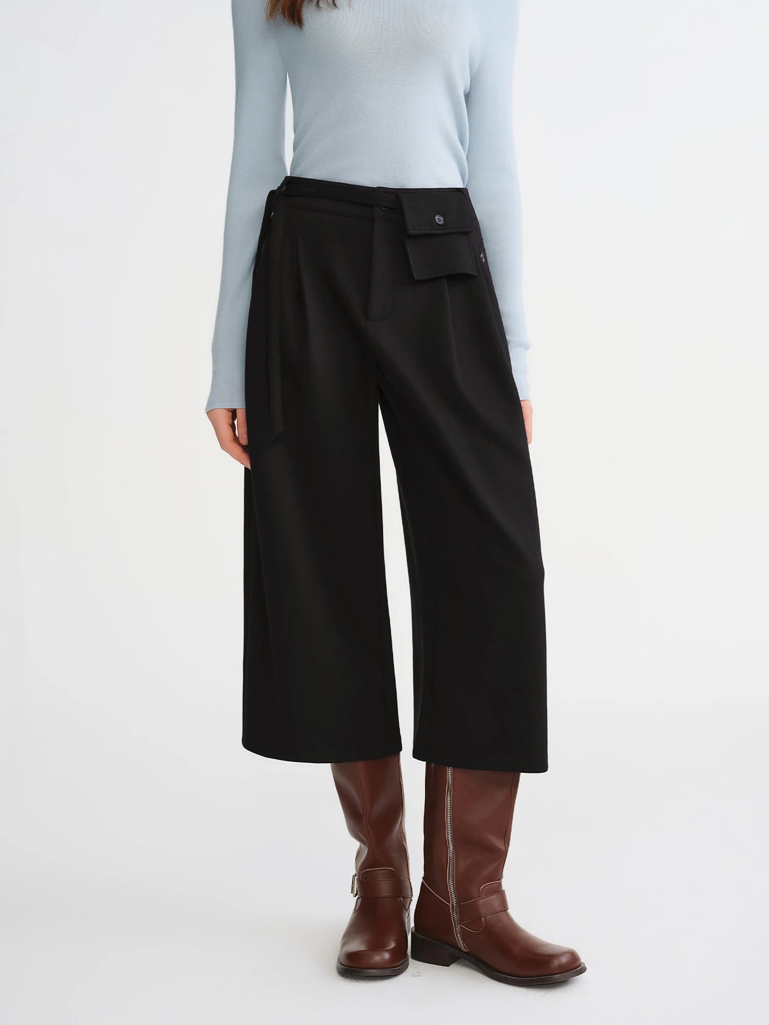 DUSHU Waist Bag Decorated Pleated Three-quarter Wide-leg Pants 2025 Winter Casual Pants Women Retro Casual Ins French Style
