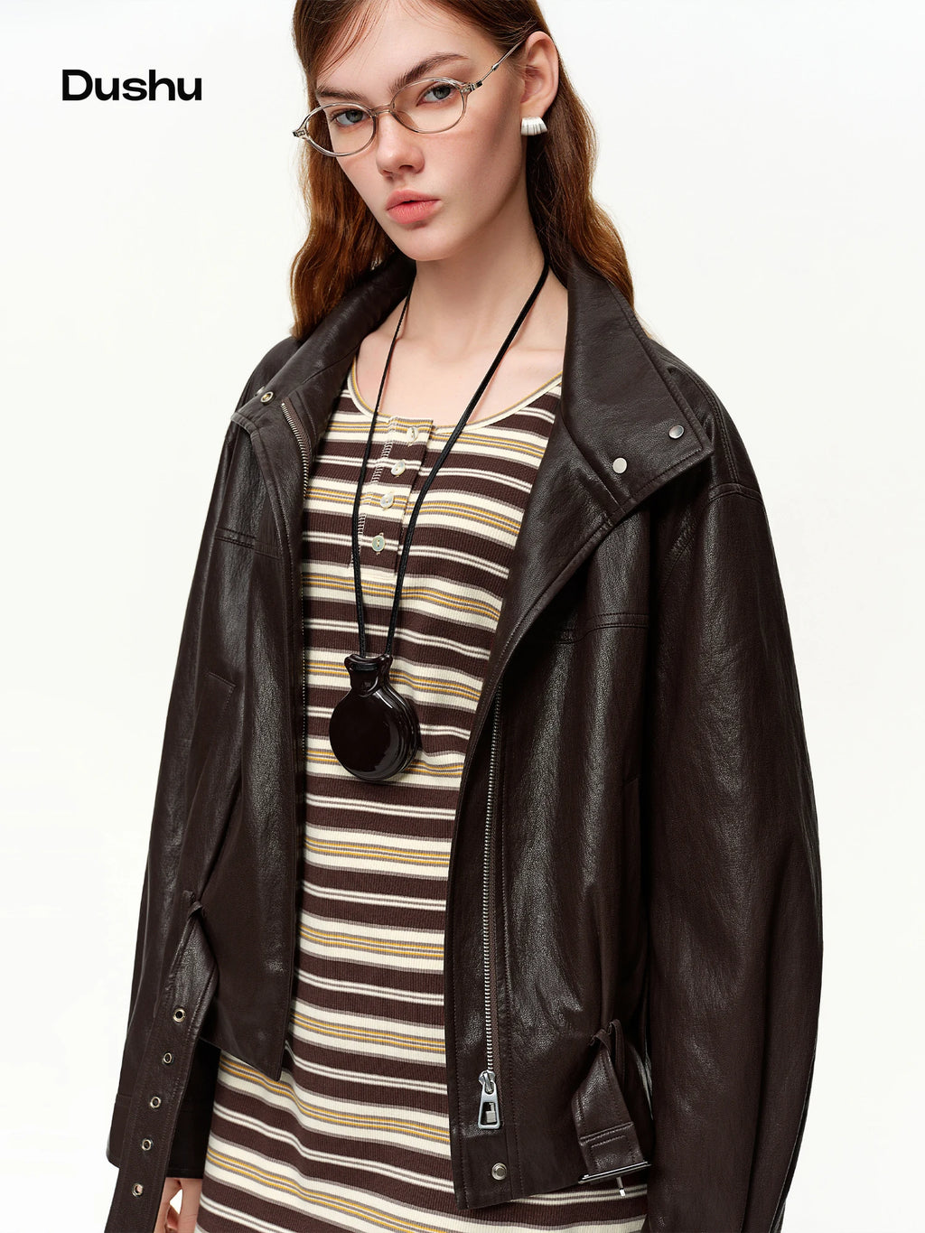 DUSHU Korean Style Relaxed Motorcycle Leather Jacket 2026 Spring New Casual Short Jacket for Women Sweet Cool Retro Solid