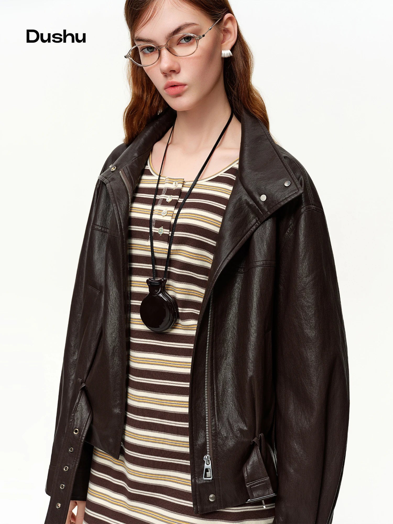DUSHU Korean Style Relaxed Motorcycle Leather Jacket 2026 Spring New Casual Short Jacket for Women Sweet Cool Retro Solid