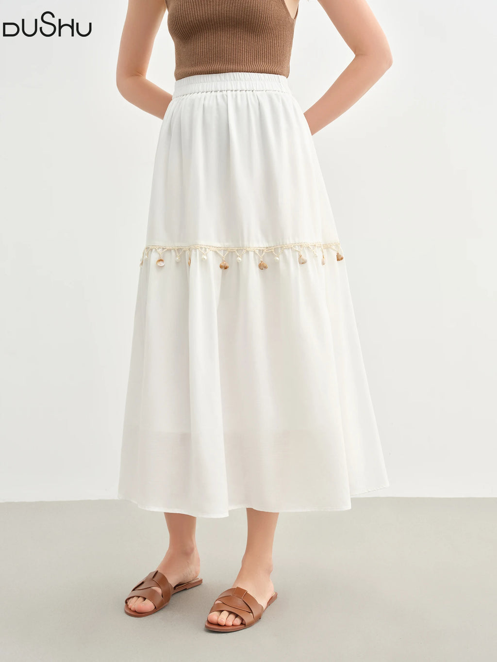 DUSHU Holiday Style Women Wave Playful Skirt Shell Lace Travel Long Skirt 2025 New Arrival A-line Umbrella Skirt 25DS82748