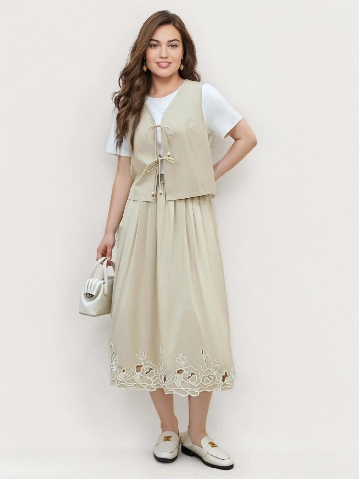 DUSHU Women Summer Khaki Long Skirts High Waist Elastic Waist Embroidered Hollow Design Female Cotton Skirt 25DS82121
