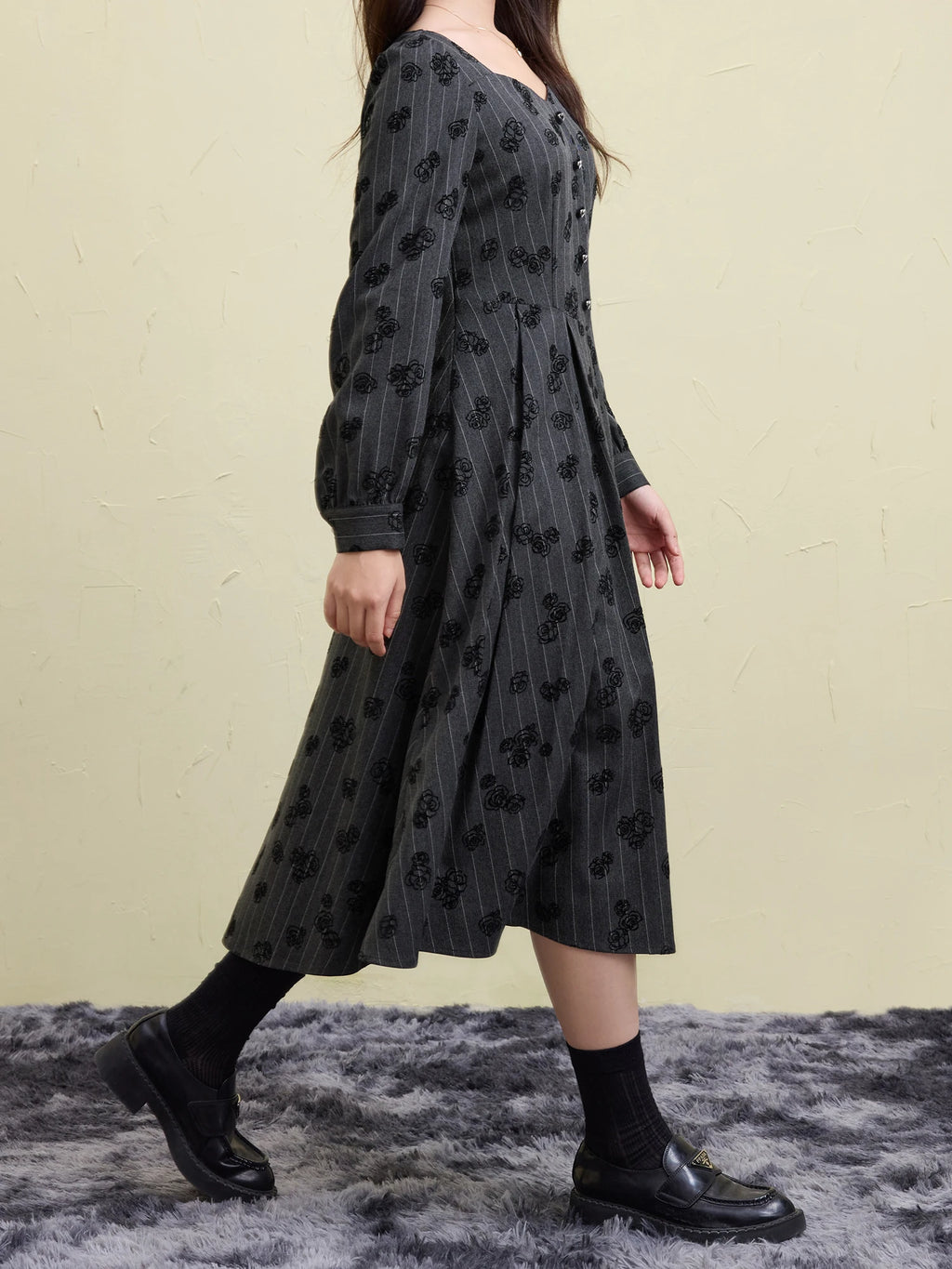 DUSHU Women Winter Print Dress Thicken Warm Female Winter Grey Puff Long Sleeve Dress X-LINE Square Neck Dresses 24DS84507