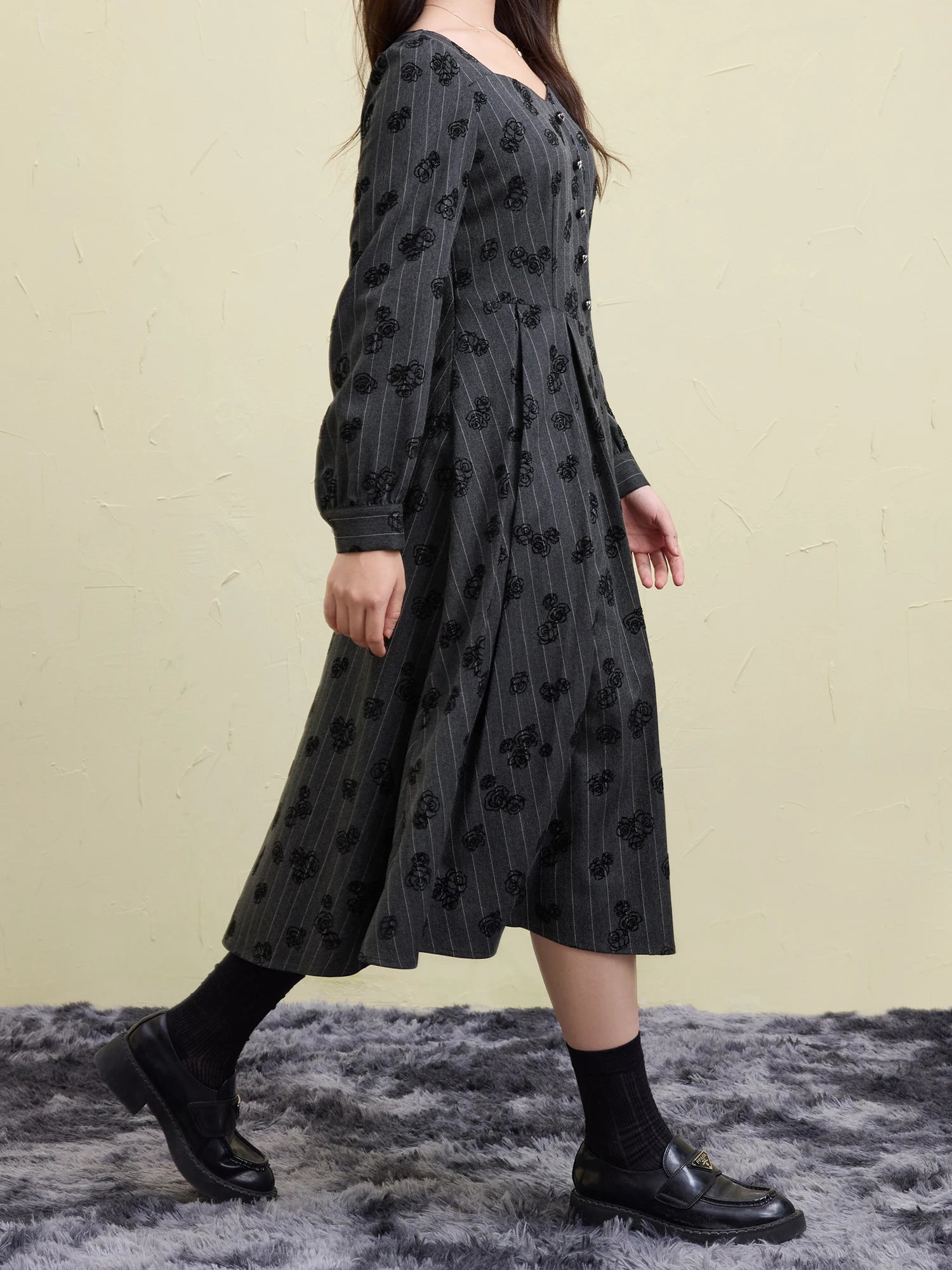 DUSHU Women Winter Print Dress Thicken Warm Female Winter Grey Puff Long Sleeve Dress X-LINE Square Neck Dresses 24DS84507