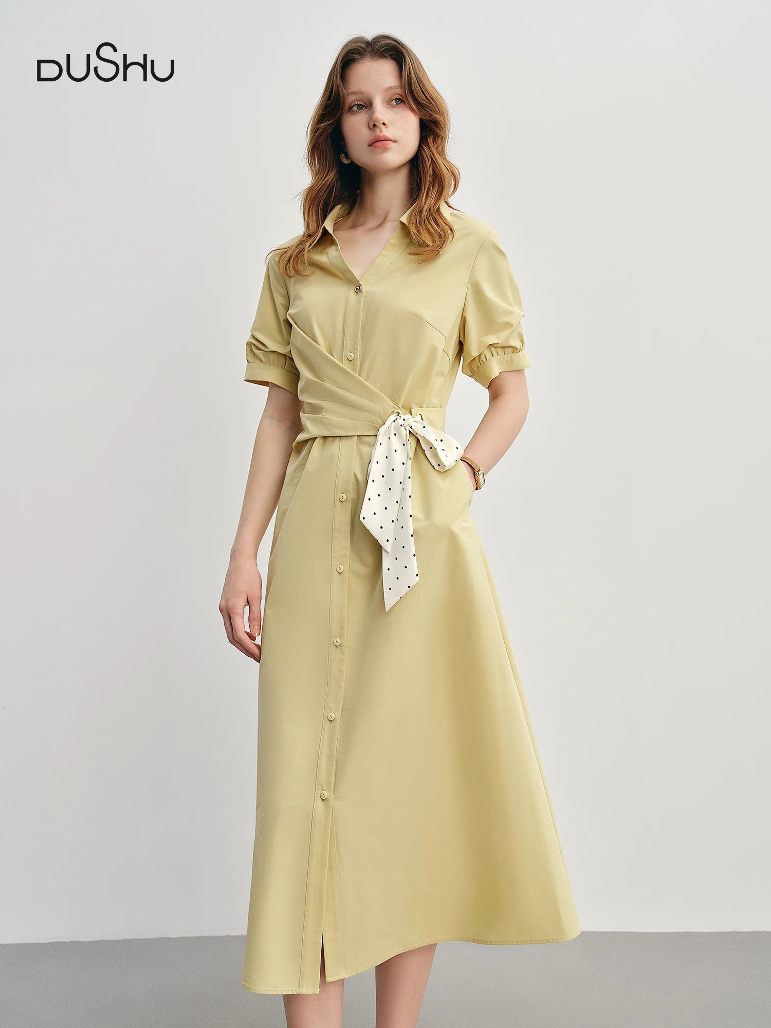 DUSHU Women's Daily Commuting Tie Shirt Dress 2025 New High Waist Slimming A-line V-neck Long Dress with Ribbon 25DS82970