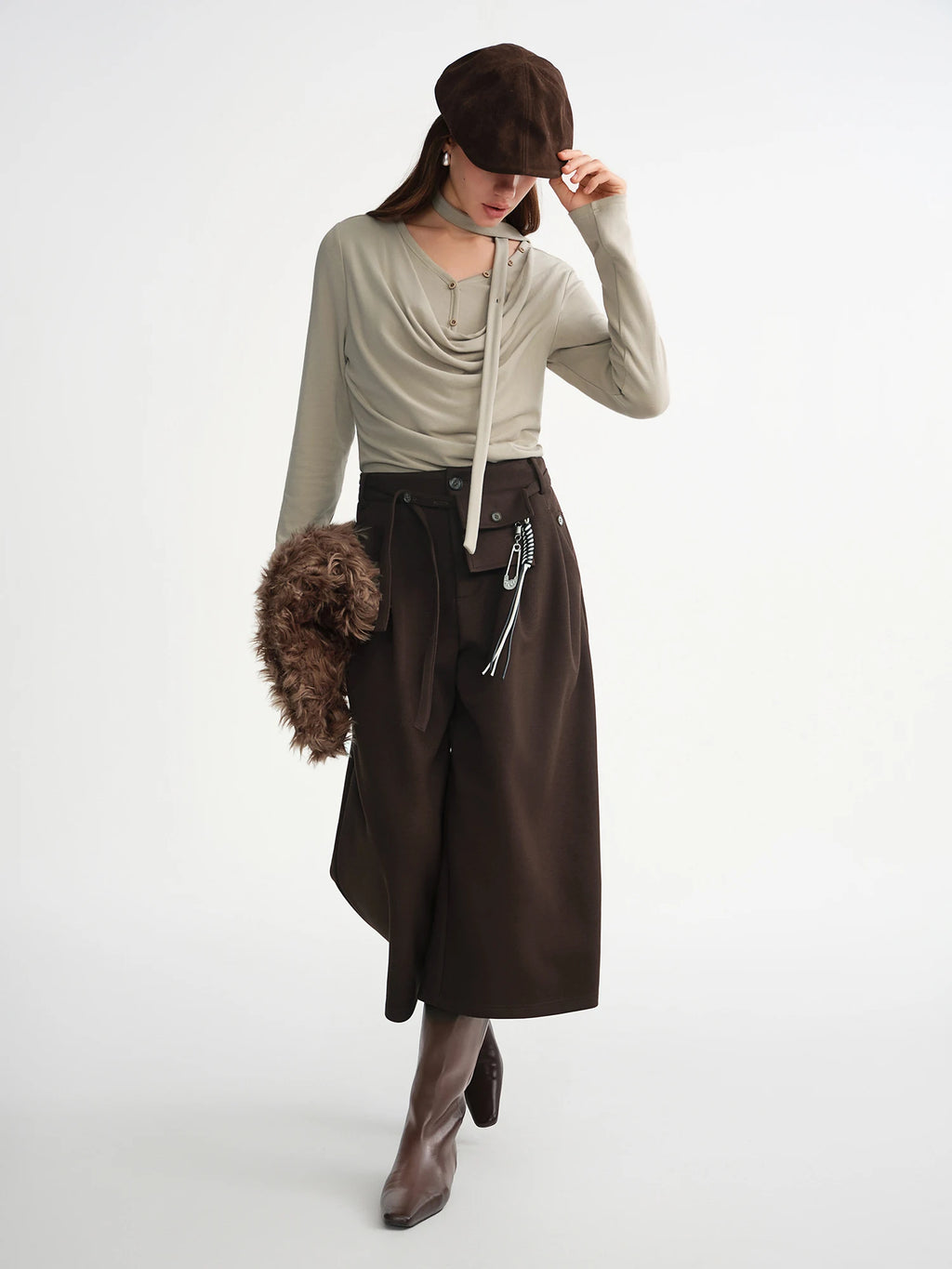 DUSHU Waist Bag Decorated Pleated Three-quarter Wide-leg Pants 2025 Winter Casual Pants Women Retro Casual Ins French Style