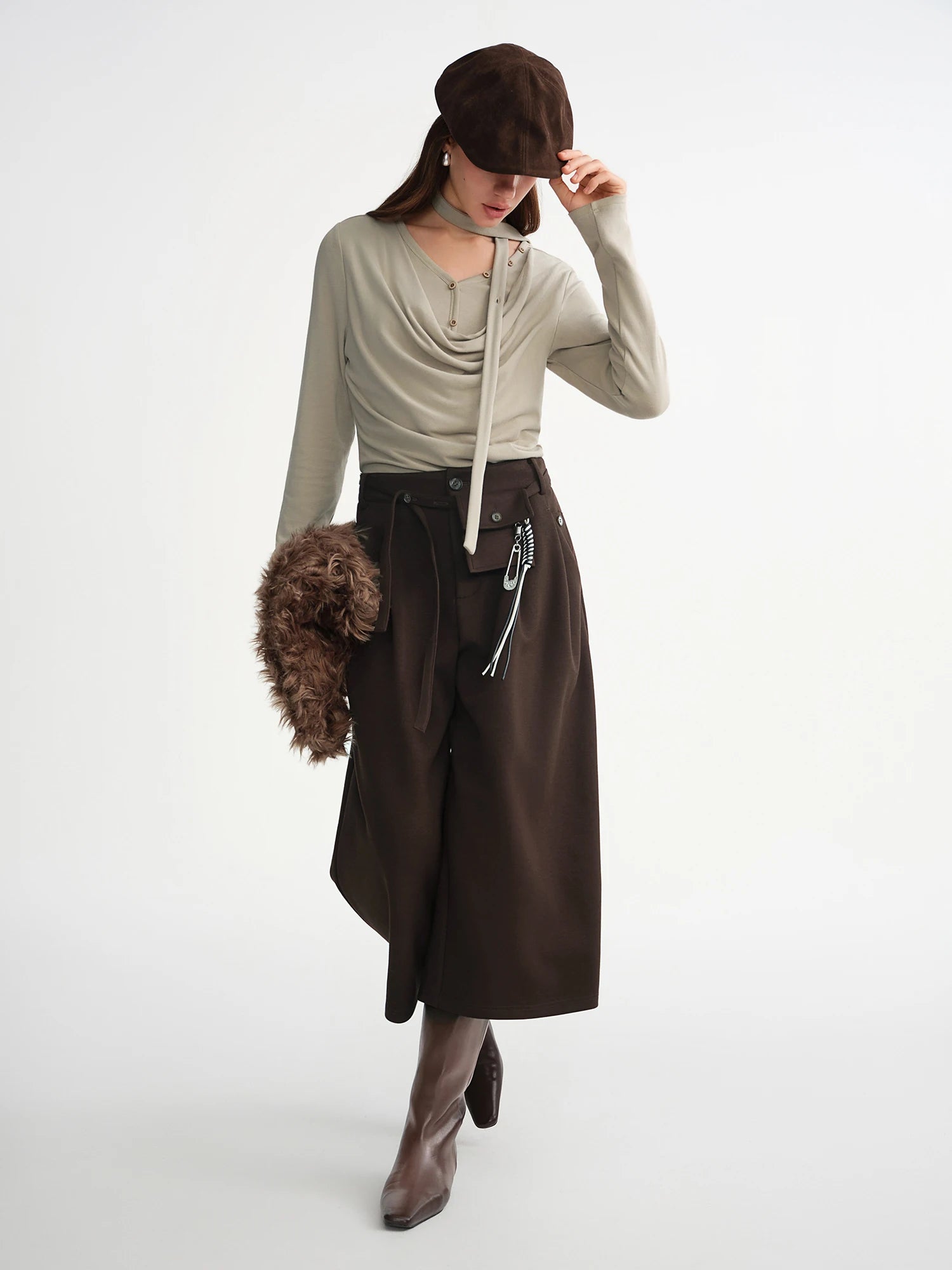 DUSHU Waist Bag Decorated Pleated Three-quarter Wide-leg Pants 2025 Winter Casual Pants Women Retro Casual Ins French Style