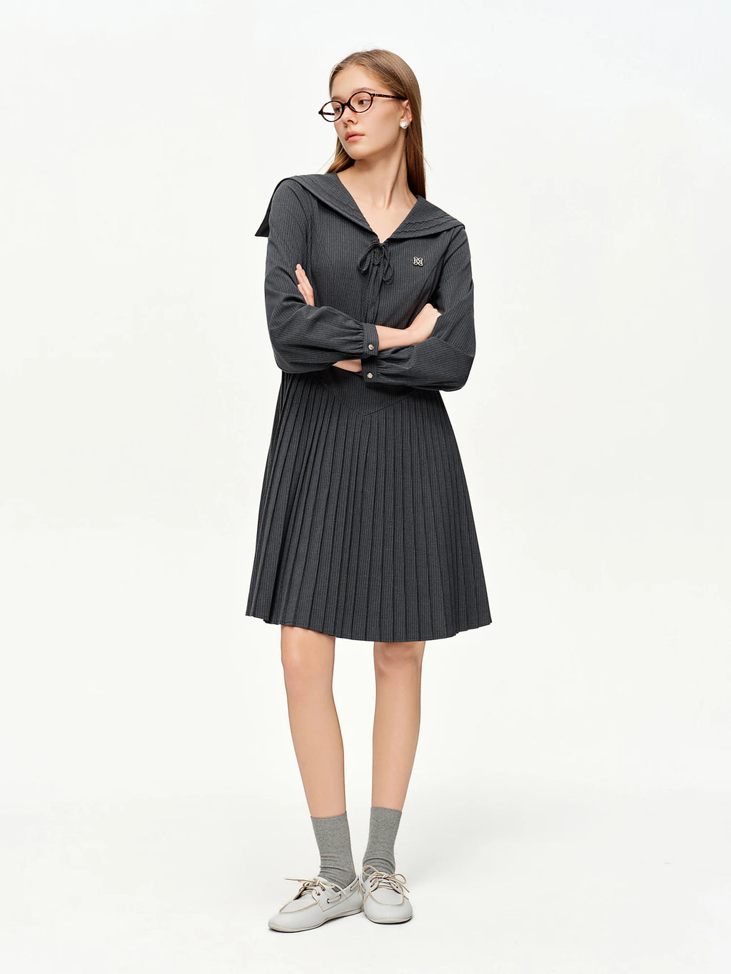DUSHU 2026 Spring Women's Nautical Academic Style A-Line Midi Dress with Pleated Skirt - Preppy Bow Tie Detail for Campus Casual