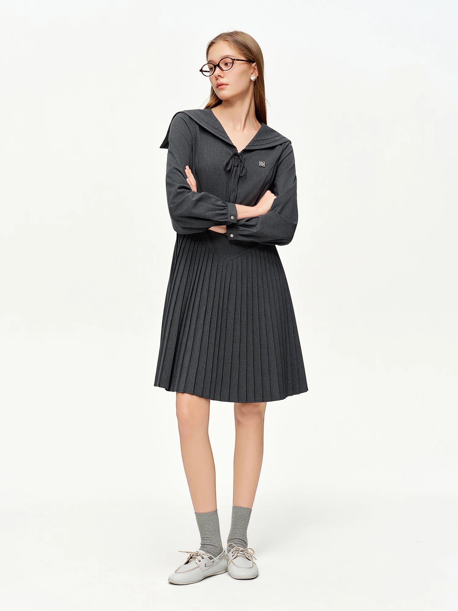 DUSHU 2026 Spring Women's Nautical Academic Style A-Line Midi Dress with Pleated Skirt - Preppy Bow Tie Detail for Campus Casual