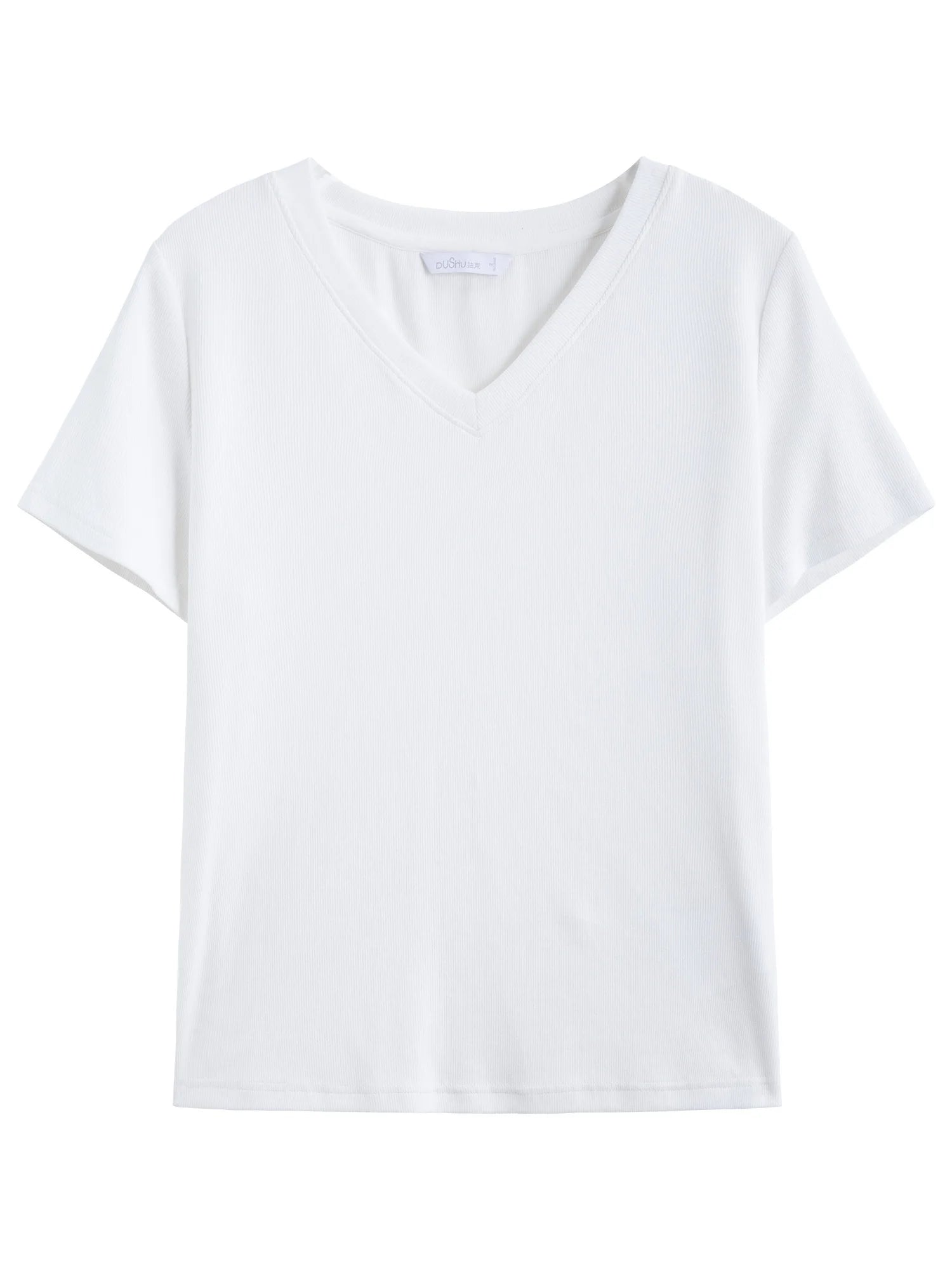 DUSHU Women High-Stretch Structured Shoulder V/U Neck Tee 2025 Summer Casual T-Shirt Elastic Cotton Y2K Fashion New Arrival