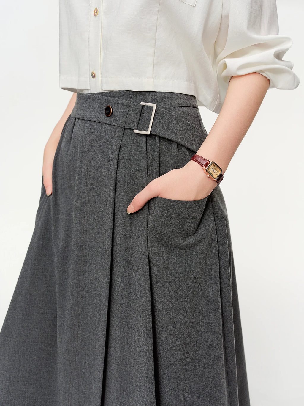 DUSHU High-waisted Slimming Midi Skirt New Spring 2026 Style Grey Mid-calf Solid Simple Pleated Commuting All-match Korean