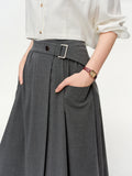 DUSHU High-waisted Slimming Midi Skirt New Spring 2026 Style Grey Mid-calf Solid Simple Pleated Commuting All-match Korean