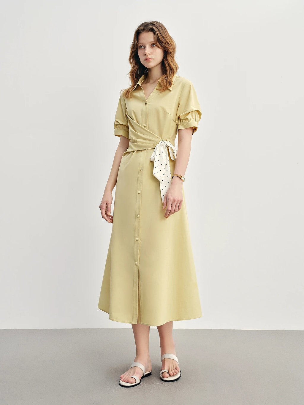 DUSHU Women's Daily Commuting Tie Shirt Dress 2025 New High Waist Slimming A-line V-neck Long Dress with Ribbon 25DS82970