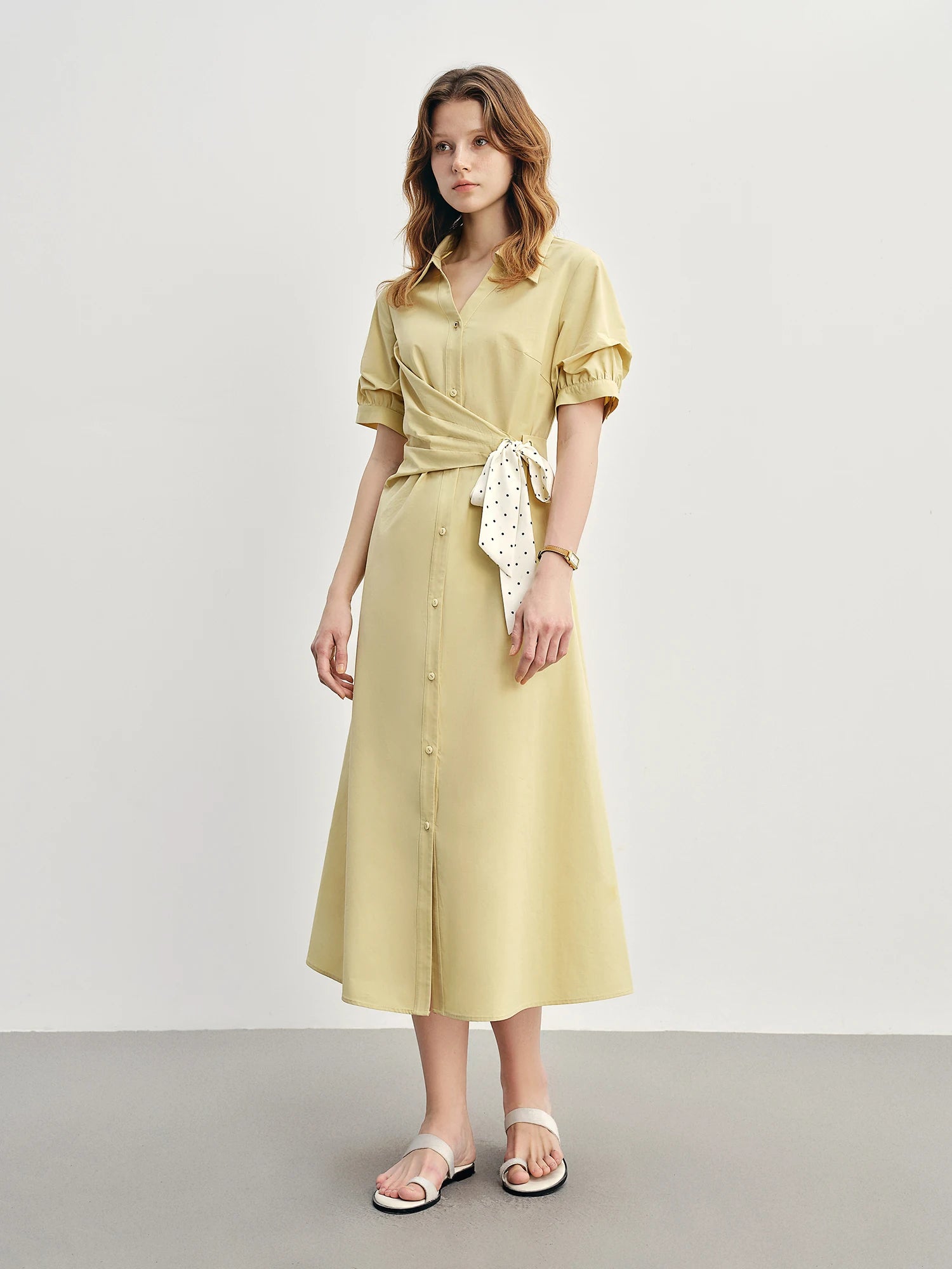 DUSHU Women's Daily Commuting Tie Shirt Dress 2025 New High Waist Slimming A-line V-neck Long Dress with Ribbon 25DS82970