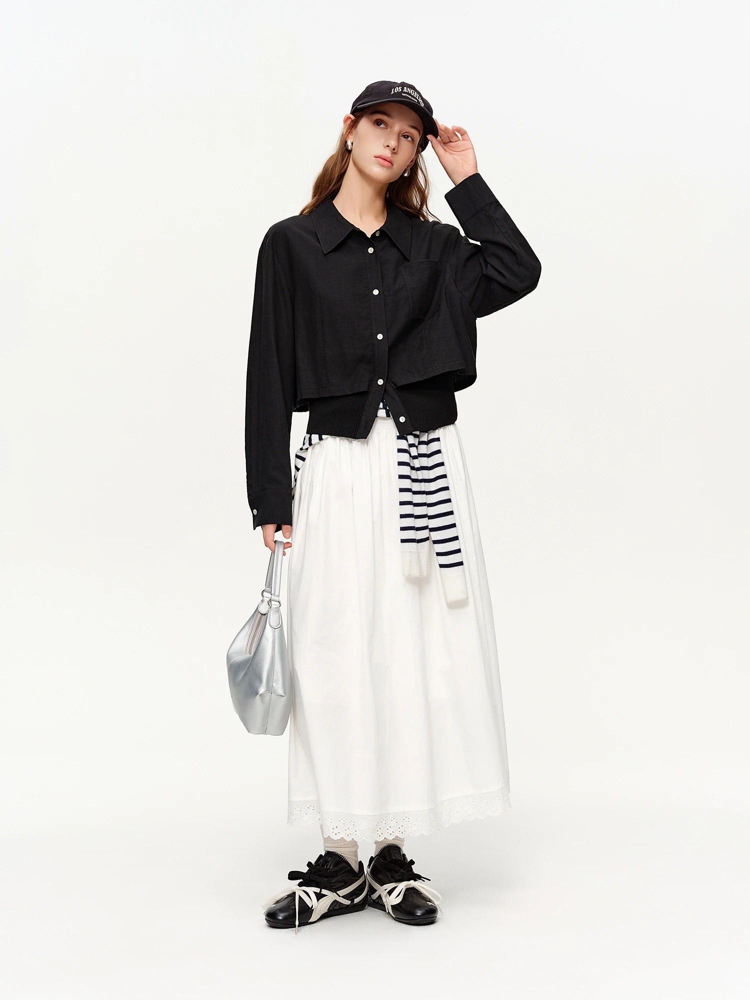 DUSHU 2026 Spring Women's Ribbed Panel Tri-Color Long Sleeve Shirt - Commute Ready Elegant Blouse Versatile Styling for Office