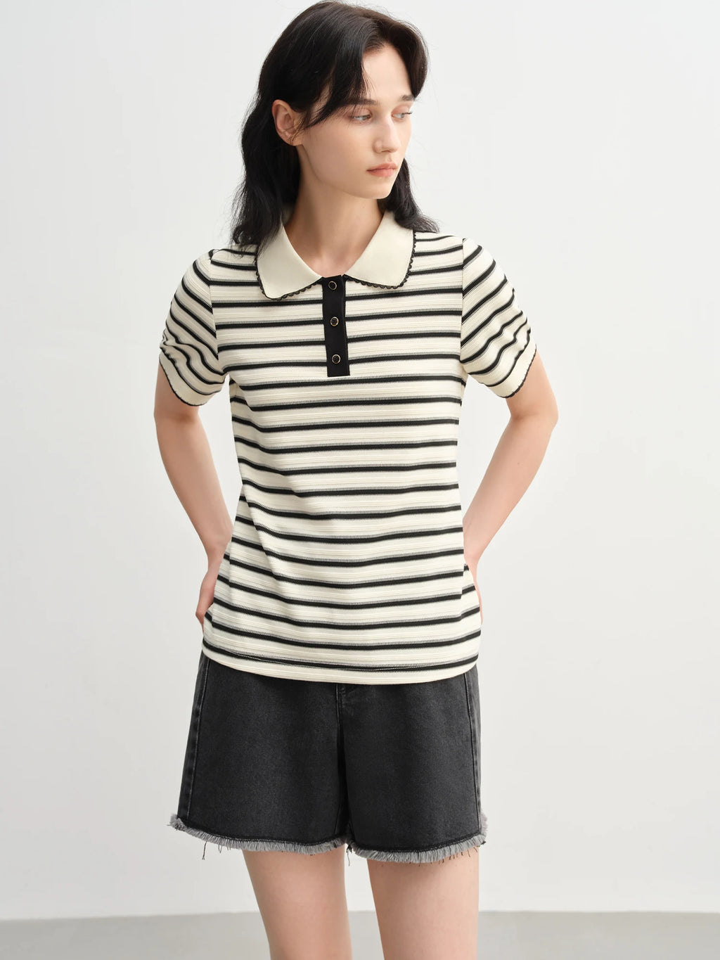 DUSHU 2025 Summer Women's Striped Knit Top - Button Collar Office Chic & Breathable Casual Versatility Casual T-Shirts 25DS82715