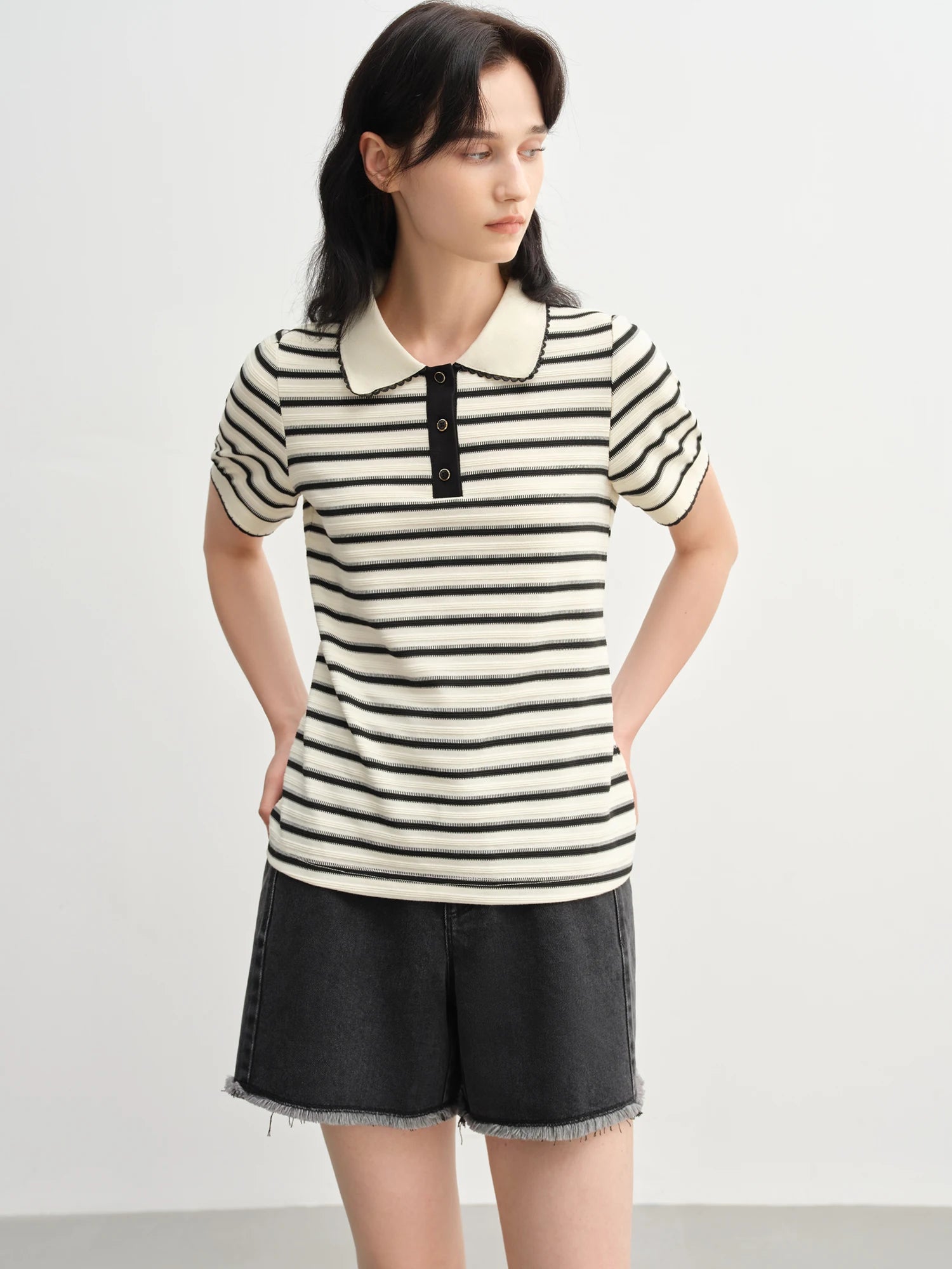 DUSHU 2025 Summer Women's Striped Knit Top - Button Collar Office Chic & Breathable Casual Versatility Casual T-Shirts 25DS82715