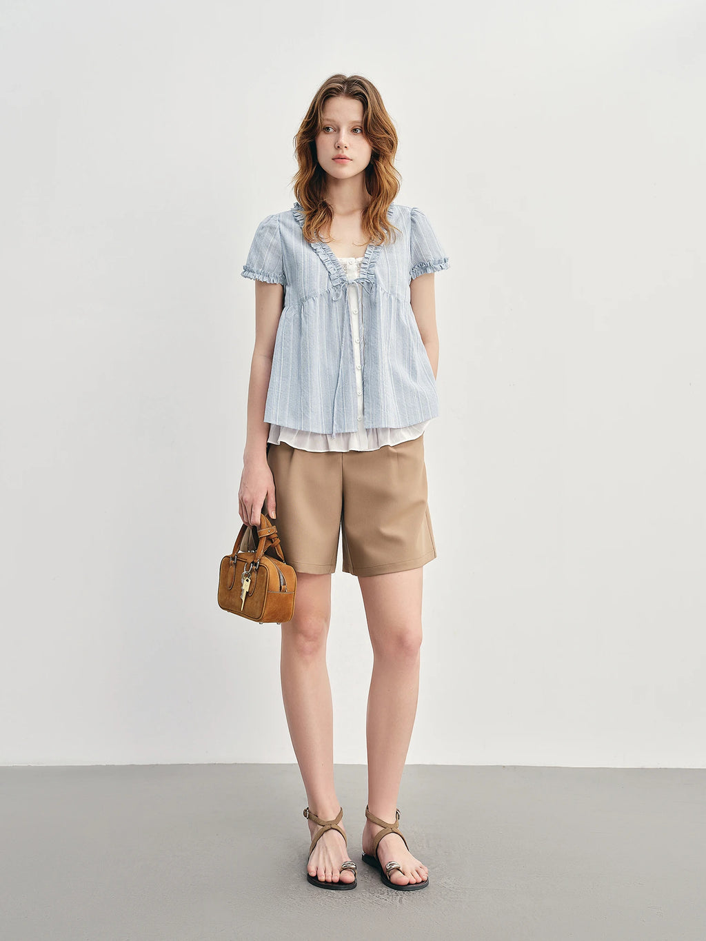 DUSHU Ruffled Fake Two-piece Shirt 2025 Summer New Striped Blue Top Shirt 25DS88015