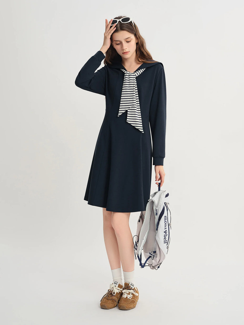 DUSHU Colleg Style Contrasting Color Wraparound V-Neck Long Dress 2025 Fall New Arrival Stylish Slimming 25DS83325+25DS83242