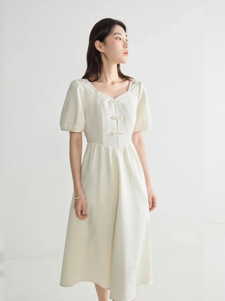DUSHU Jacquard New Chinese Style Dress For Summer New Elegant Button Up Chinese Style High Waisted Women Dress 24DS82668