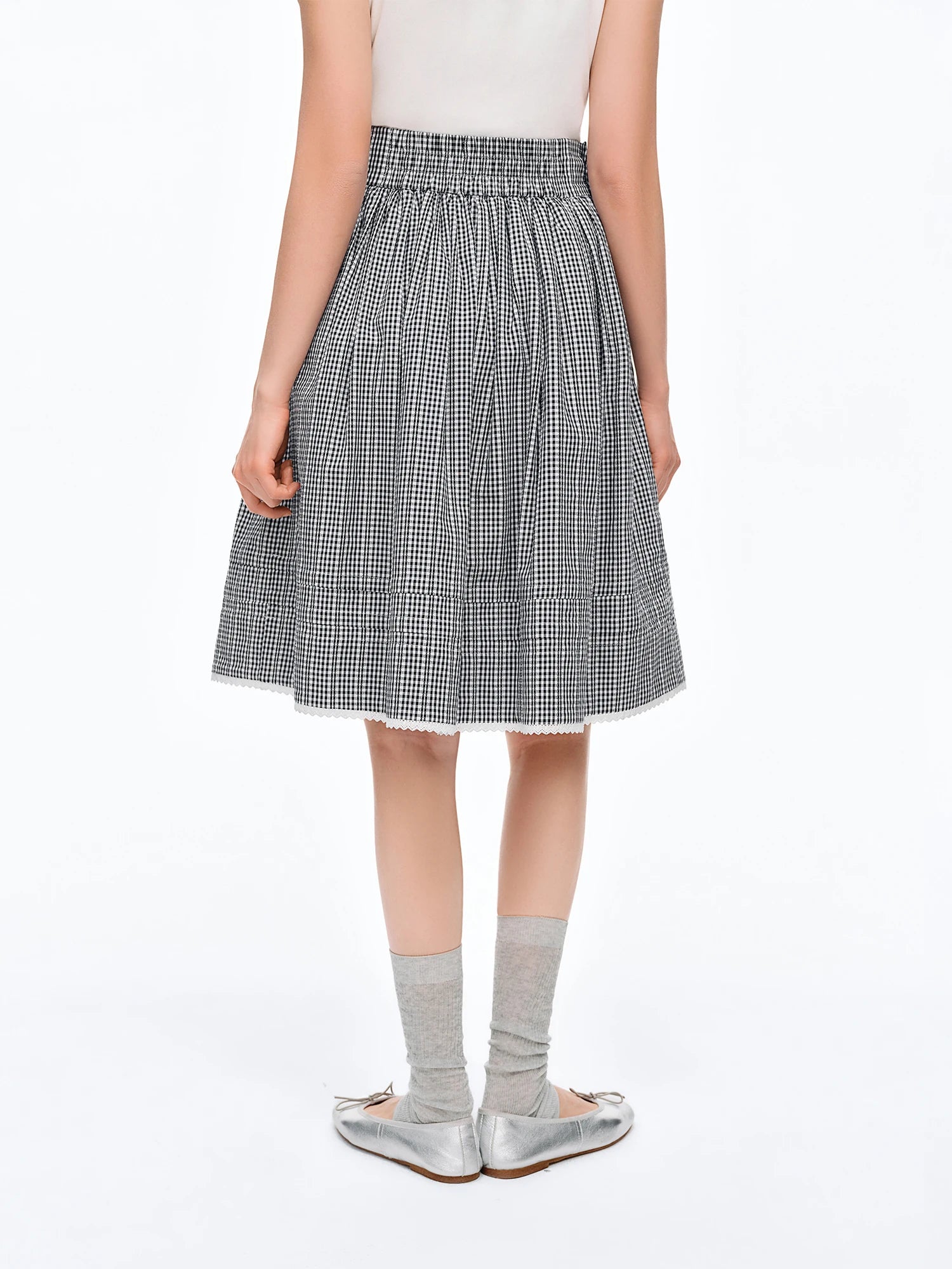 DUSHU 2026 New Summer Women's Black White Plaid Midi Skirt, Slimming A-Line Layered Skirt for Y2K Retro & Preppy Style Chic
