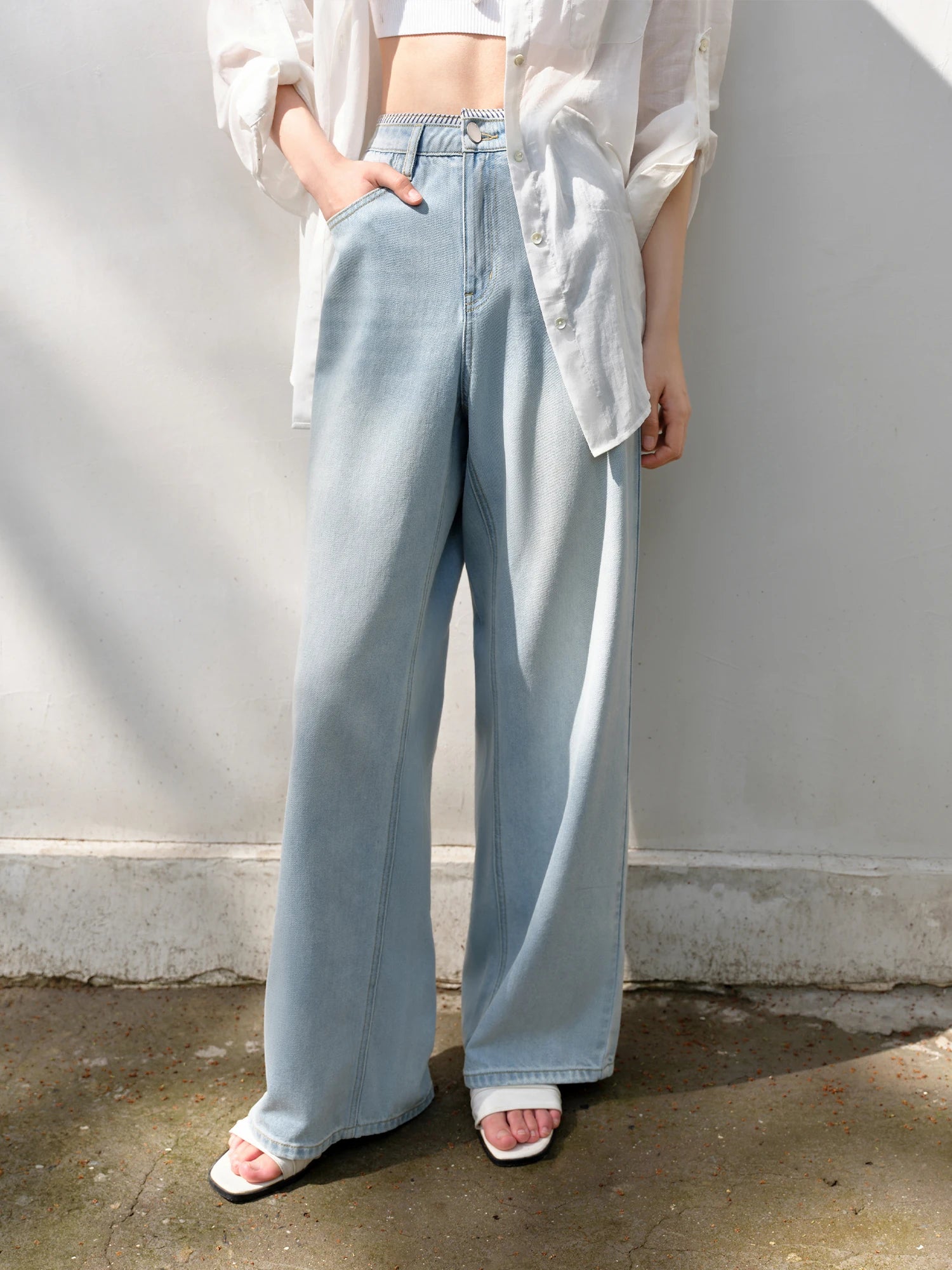DUSHU Light-colored Jeans Summer 2025 New Style Fashionable All-match High Waist Striped Stitching Straight Pants 25DS82744