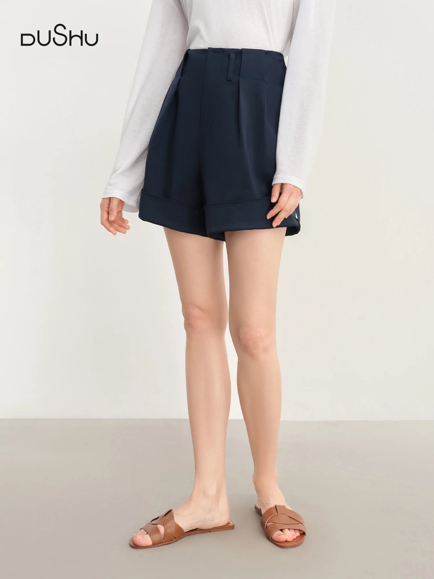 DUSHU 3D Pleated High-Waisted Rolled Hem Casual Shorts - 2025 Summer New Arrival Fashionable Wide-Leg Pants 25DS82825