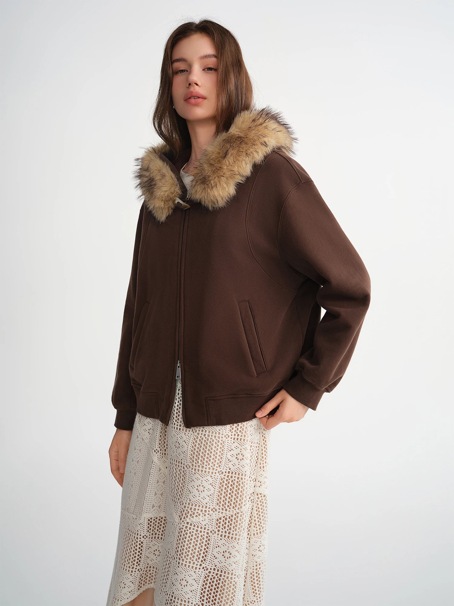 DUSHU Plus Women Customizable Silhouette Detachable Large Fur Hooded Sweatshirt Jacket Stylish Winter Autumn Warmth Outerwear