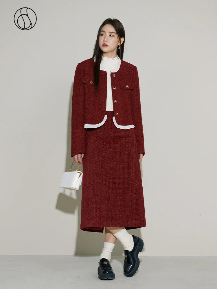 DUSHU Fashion Set Winter 2023 New Red Half Skirt Two Piece Set For Women High Waist Women Red Set Casual Loose Office Lady