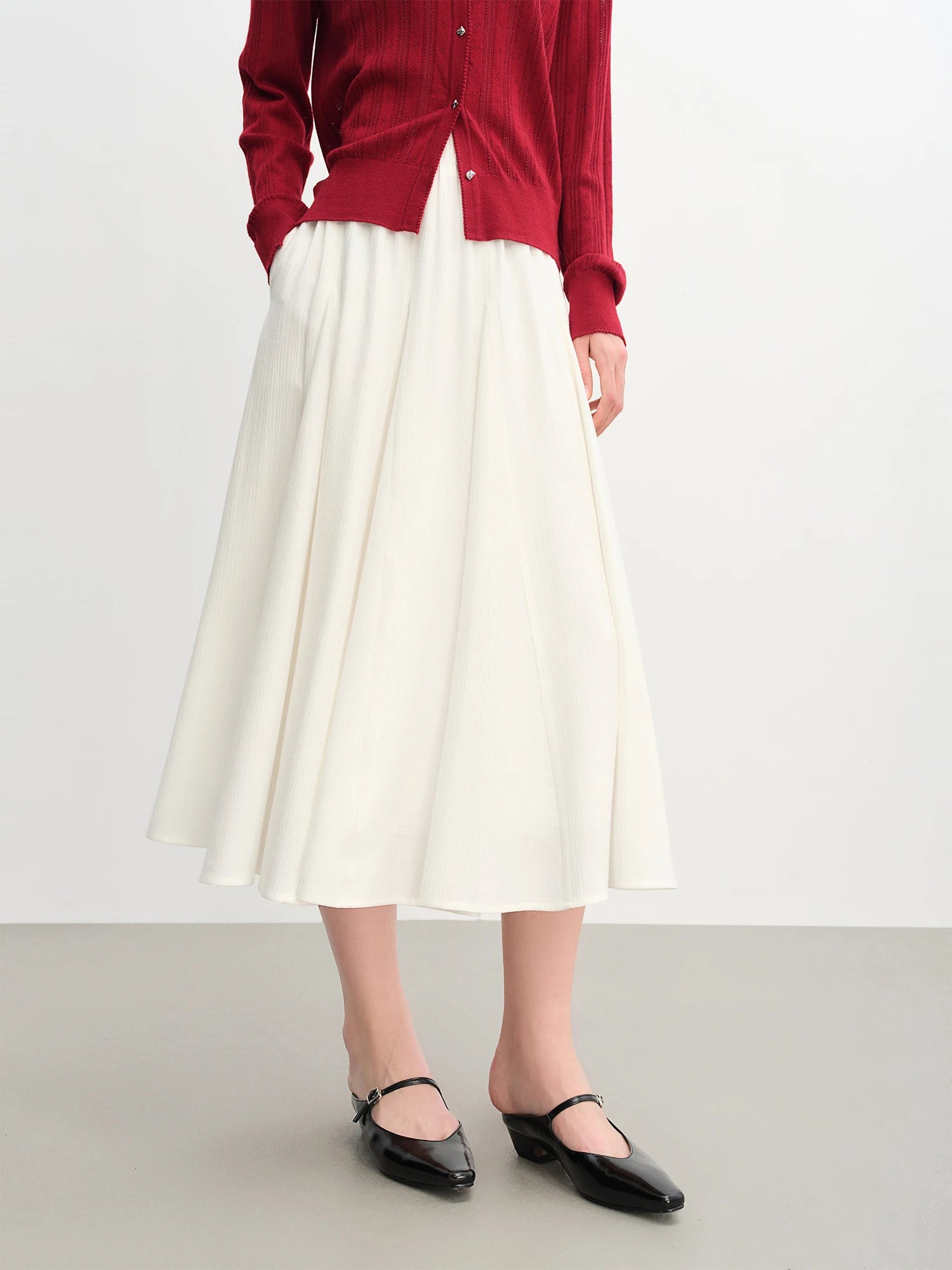 DUSHU Plus Size Women's A-line White Half Skirt 2025 New Autumn Arrival Pleated Textured Long Skirt 25DS83188