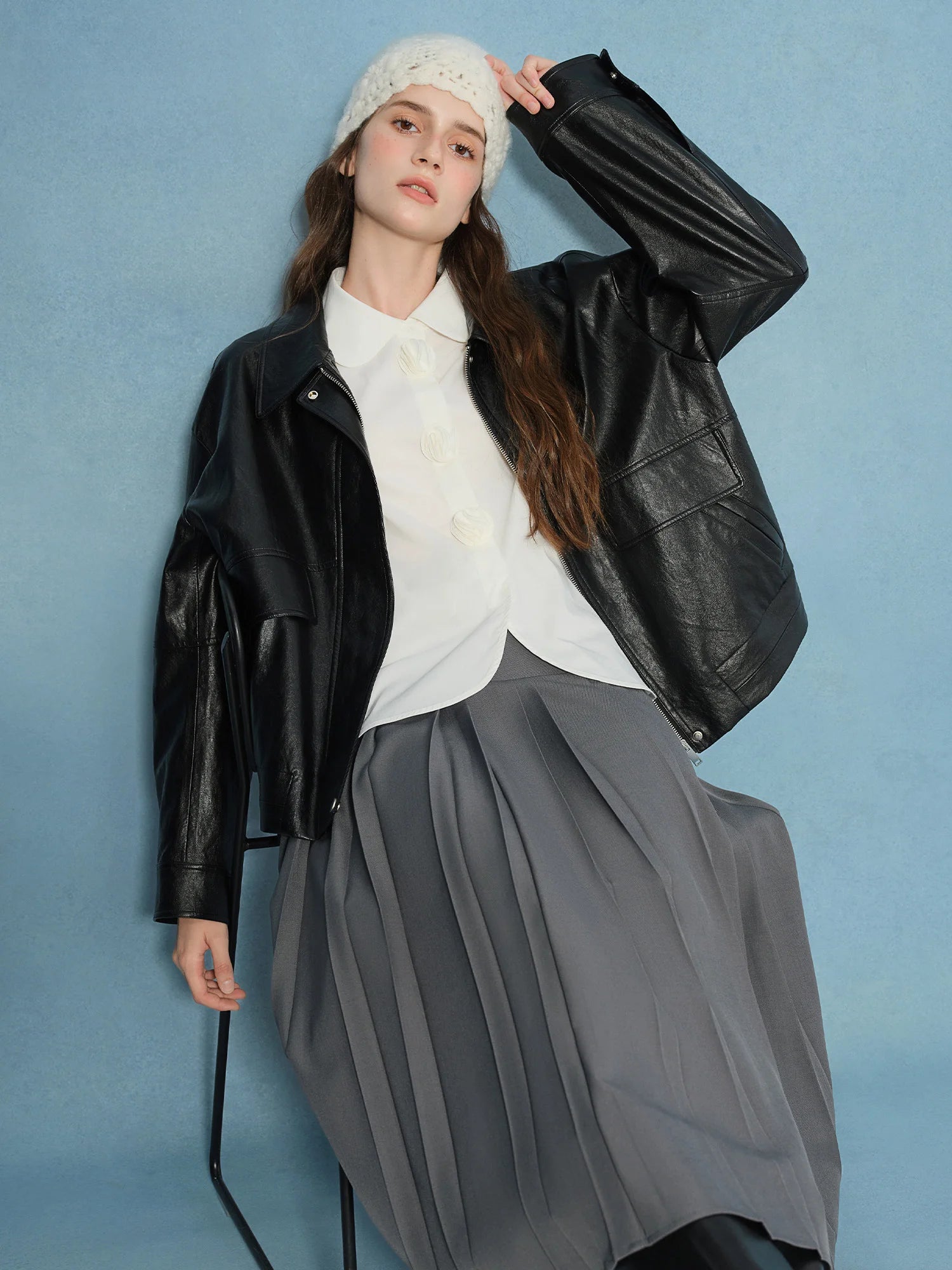 DUSHU Retro Edgy Vibe 2025 Women's Two-Tone Faux Leather Jacket - Vintage Inspired Cropped Biker Coat for Office Casual