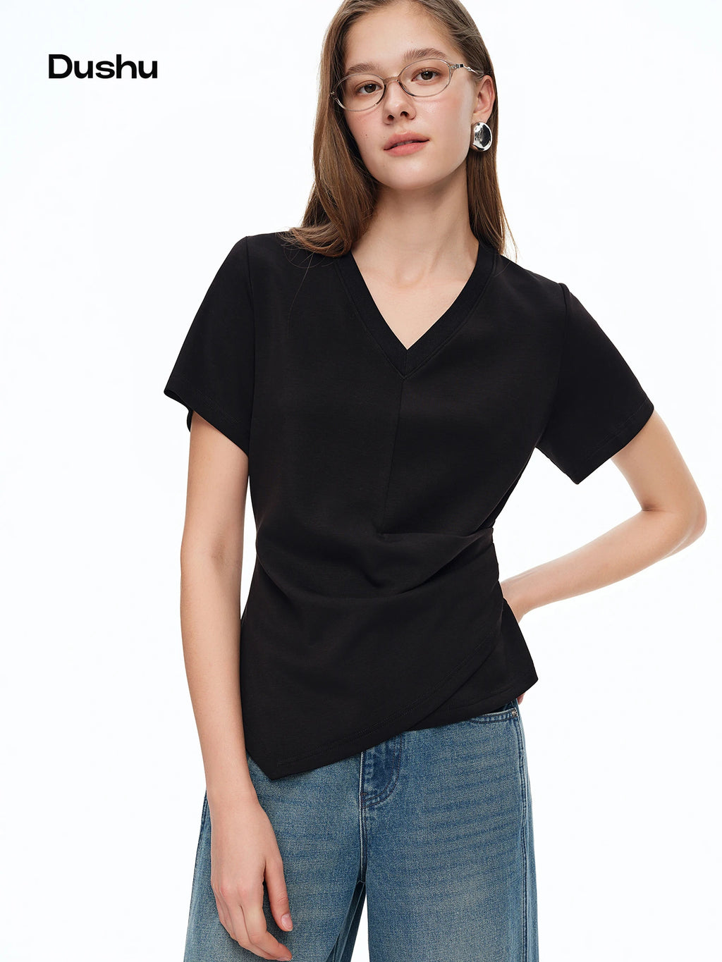 DUSHU Women's Pleated Waist-Defining Asymmetrical T-Shirt: 2026 Spring New Versatile Fitted Short Sleeve Top Essentials V-neck