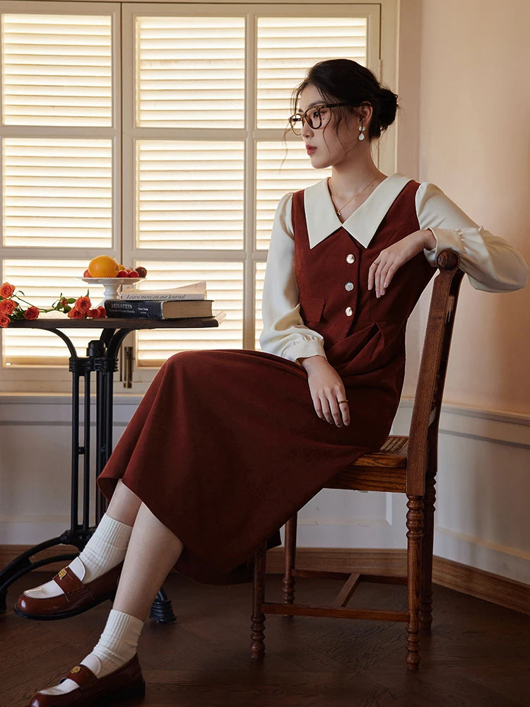 DUSHU Color Contrast Fake Two Pieces Vintage Dress For Women Autumn Winter 2022 Deep Red Black Women Solid Casual Dress