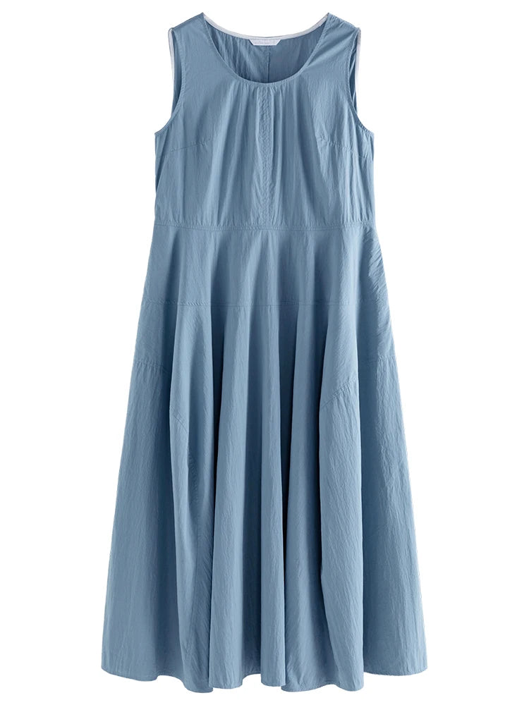 DUSHU White Sleeveless Women Summer Long Dress Cotton Blend Simple Temperament Blue Office Lady Big Hem Dress 24DS82849