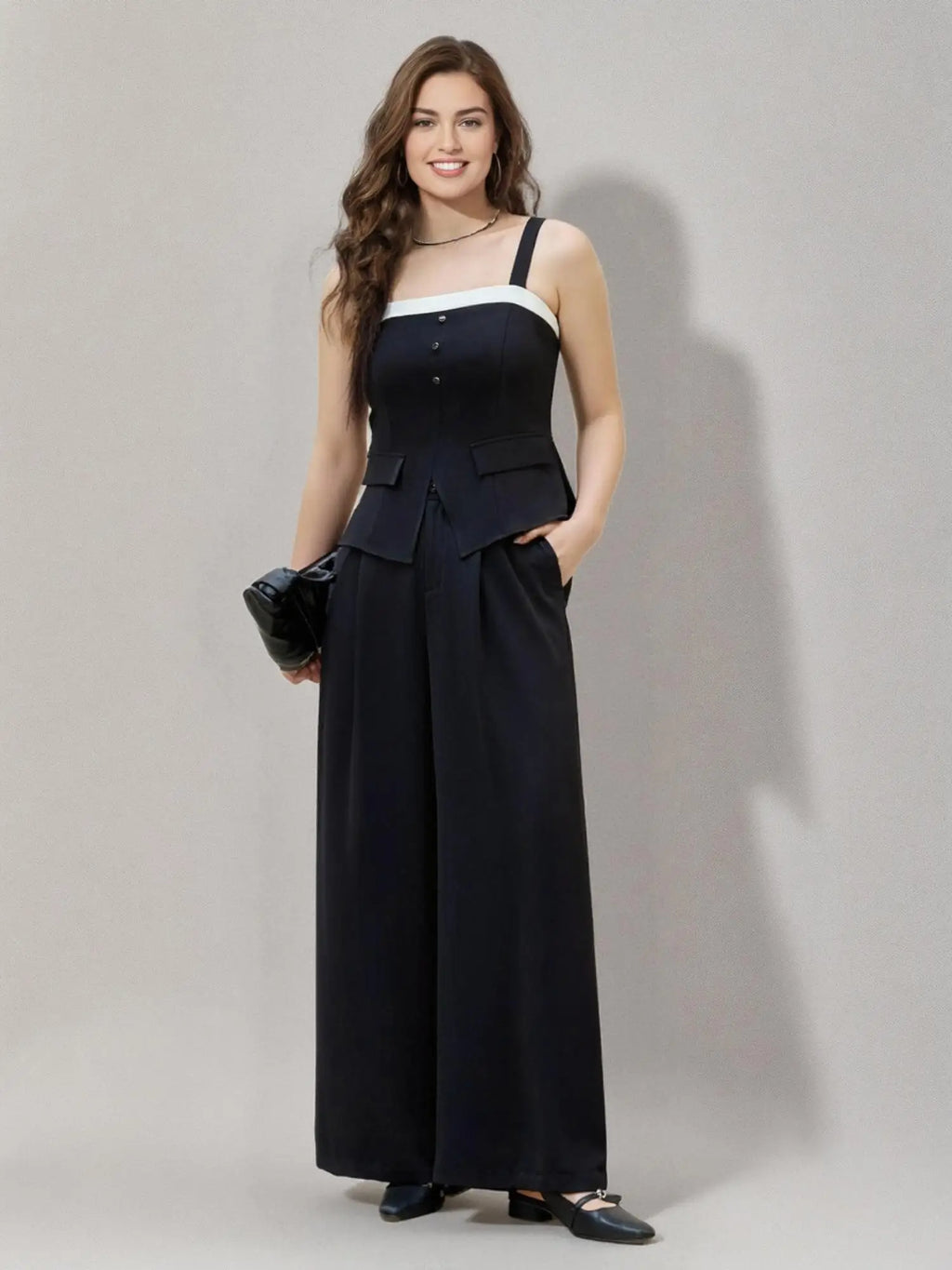 DUSHU Women Vest Coat Long Trouser Sets 2025 Spring New Commuter Female Strappy Tops Back Elastic Waist Pant 25DS81158+25DS81247