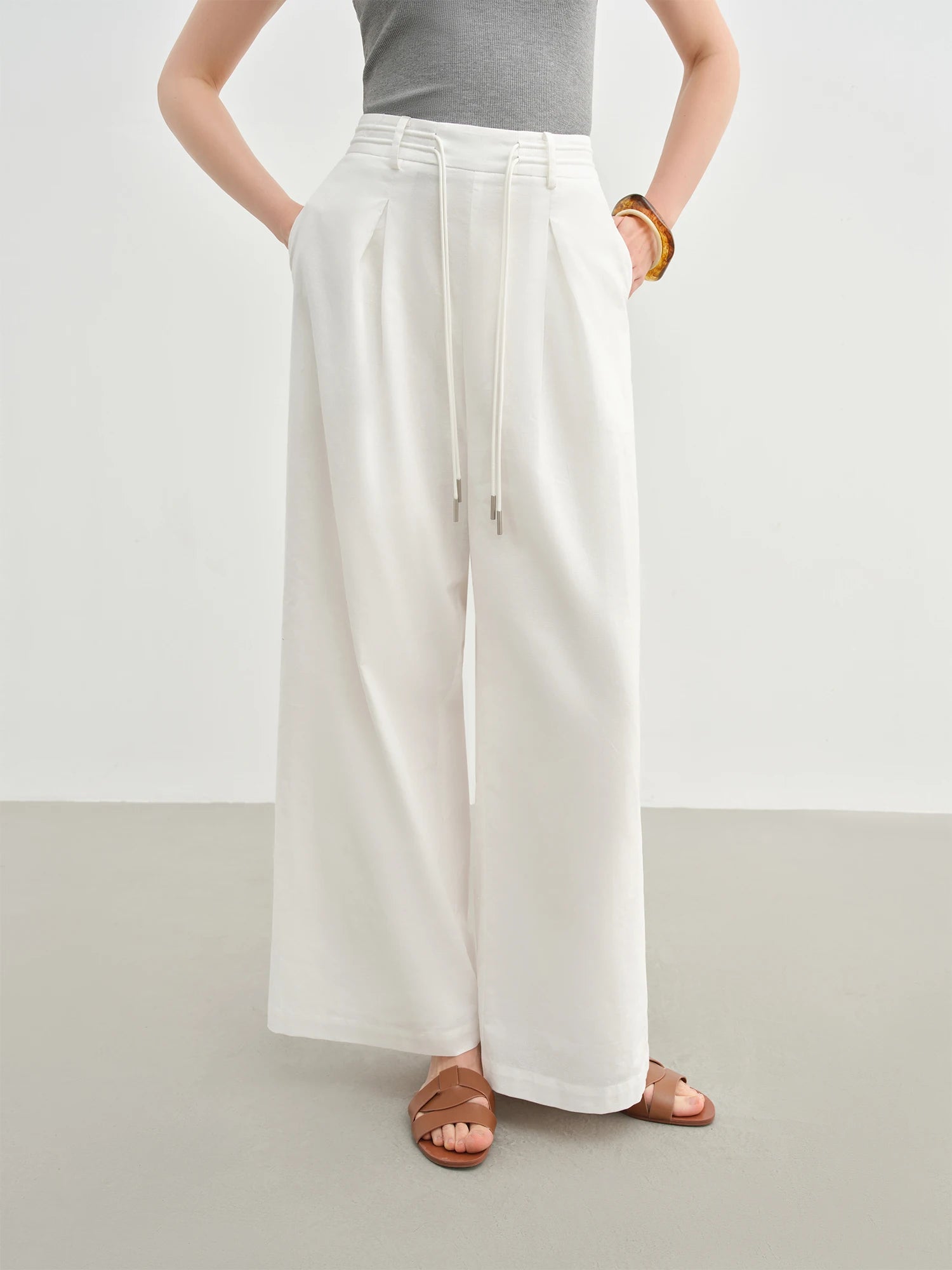 DUSHU Women Linen Drawstring Wide-leg Pants 2025 Summer New Cotton Knitted Drape Loose High Waist Slim Casual Pants 25DS82737