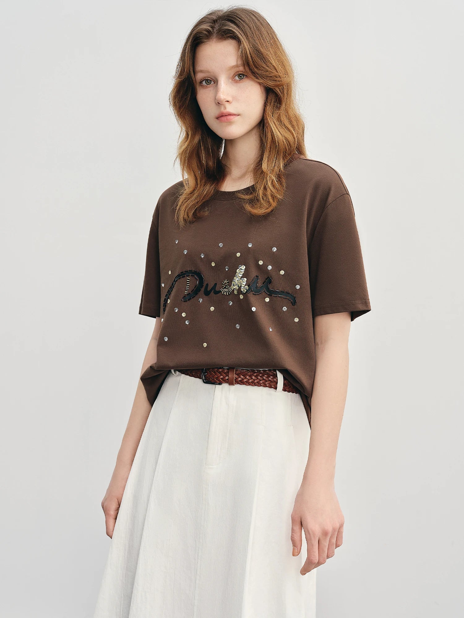 FSLE Summer 2025 Letter Print T-Shirt - Beaded Detail Round Neck Loose Fit Casual Top Women Fashion