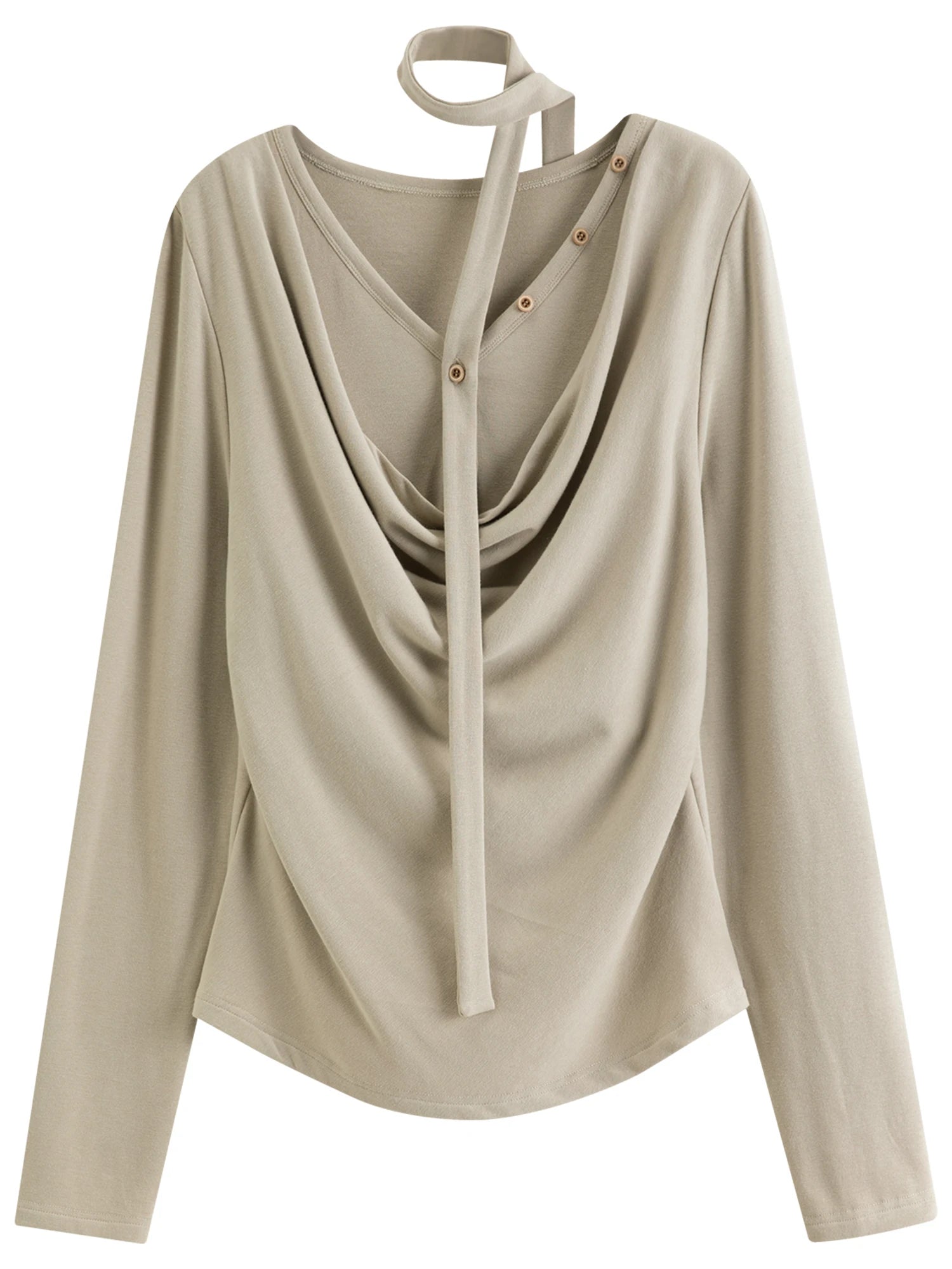 DUSHU Plus-Size Women Layered Art Long-Sleeve T-Shirt with Floating Ribbon neckline Mock Two-Piece Slimming Top for Curvy Women