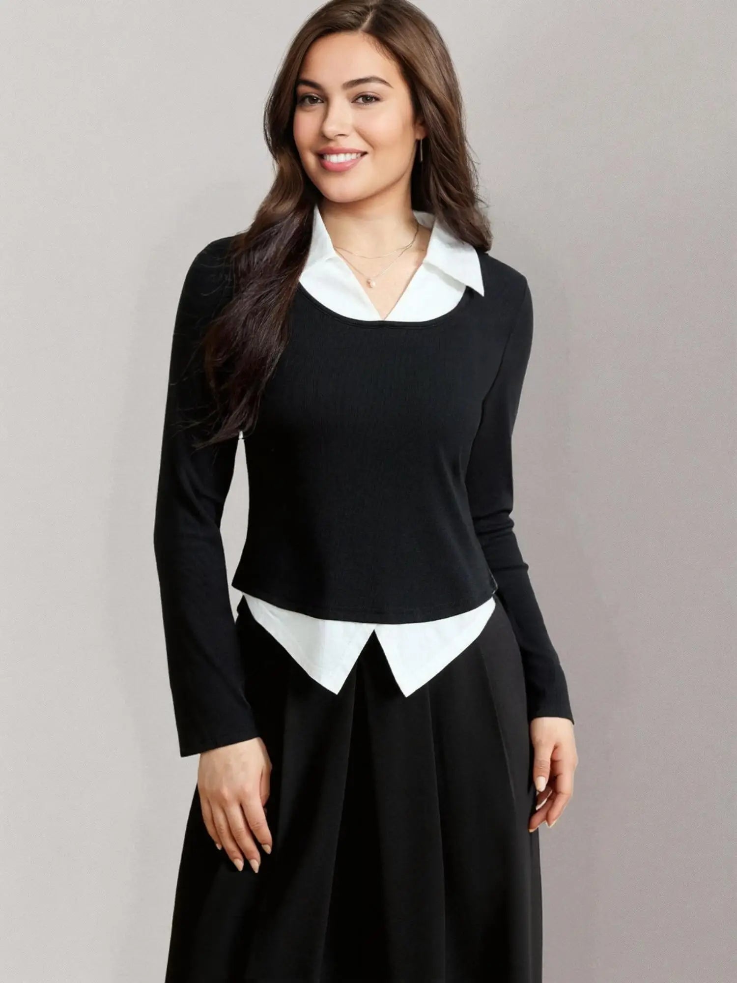 DUSHU【3 Colors】Women Spring Long Sleeve Tops Contrasting Color Female Commuter Black Knit Top Slim Long Sleeve T-Shirt 25DS81186
