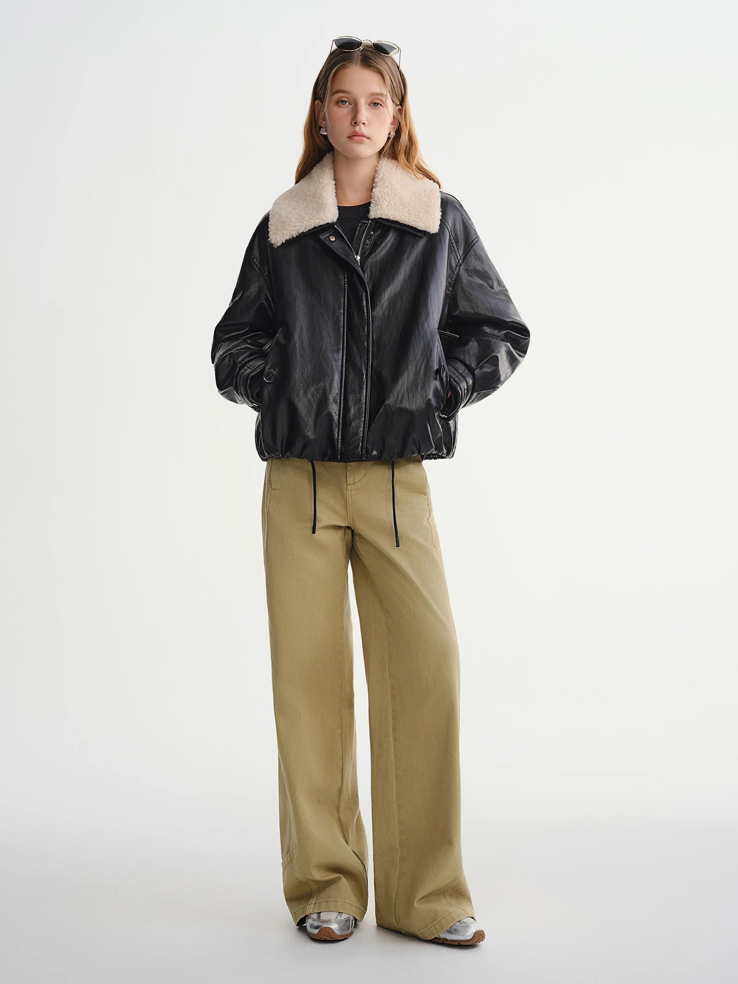 DUSHU Winter 2025 Women's Notch Lapel Protein Leather Down Jacket - White Duck Down Fill for Warm and Casual Winter Wear