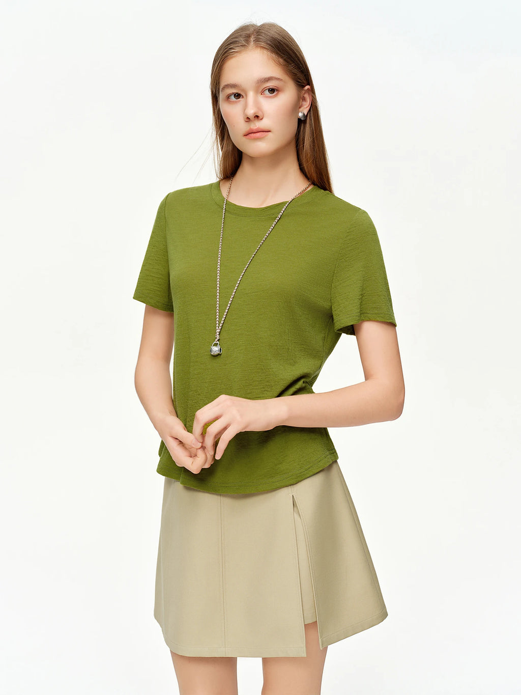 DUSHU Women's Green and Gray Contrasting Color Layered Two-Piece Knit T-Shirts Spring 2026 New Arrival Fashion Long Sleeves Tops