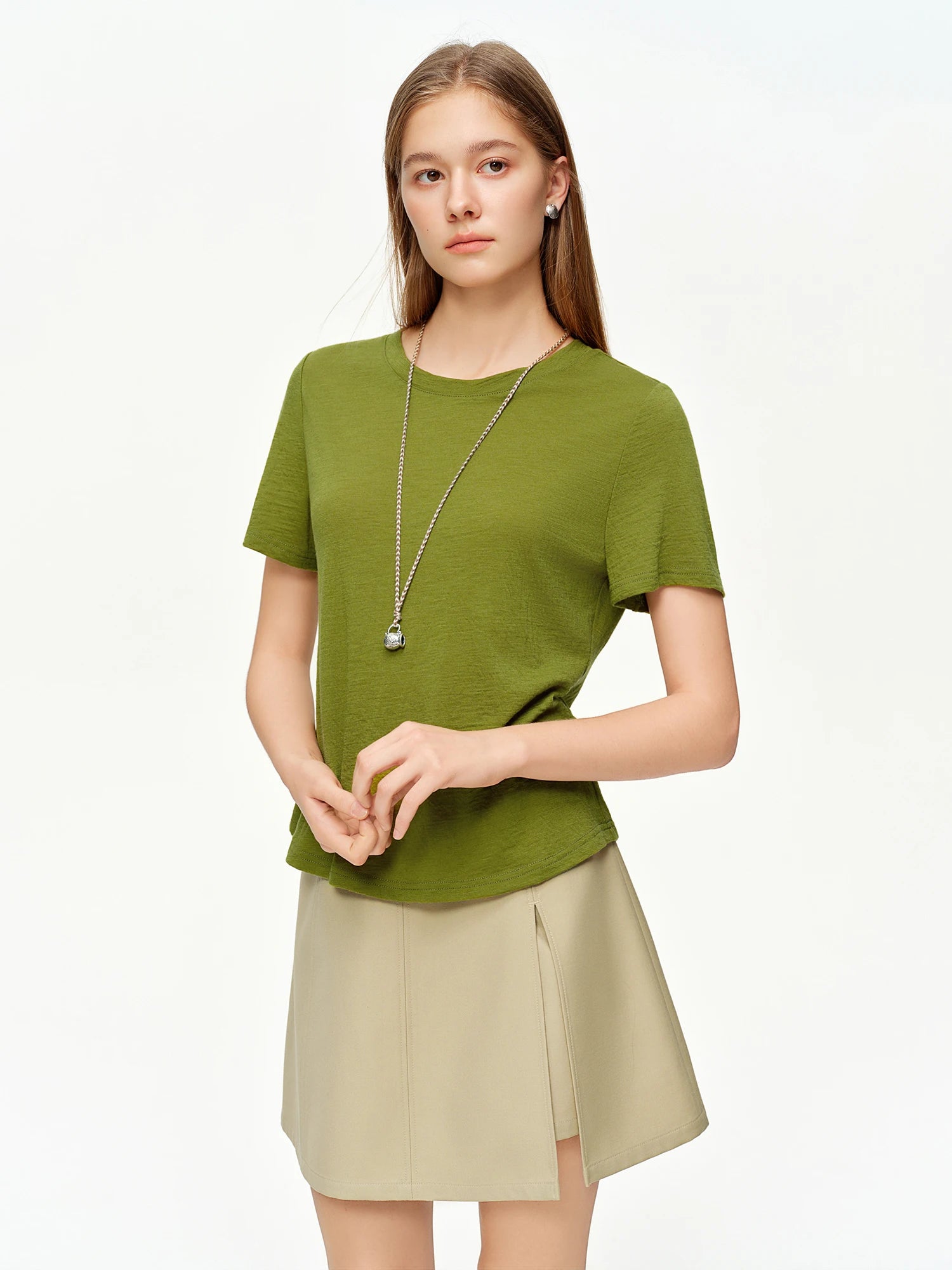DUSHU Women's Green and Gray Contrasting Color Layered Two-Piece Knit T-Shirts Spring 2026 New Arrival Fashion Long Sleeves Tops