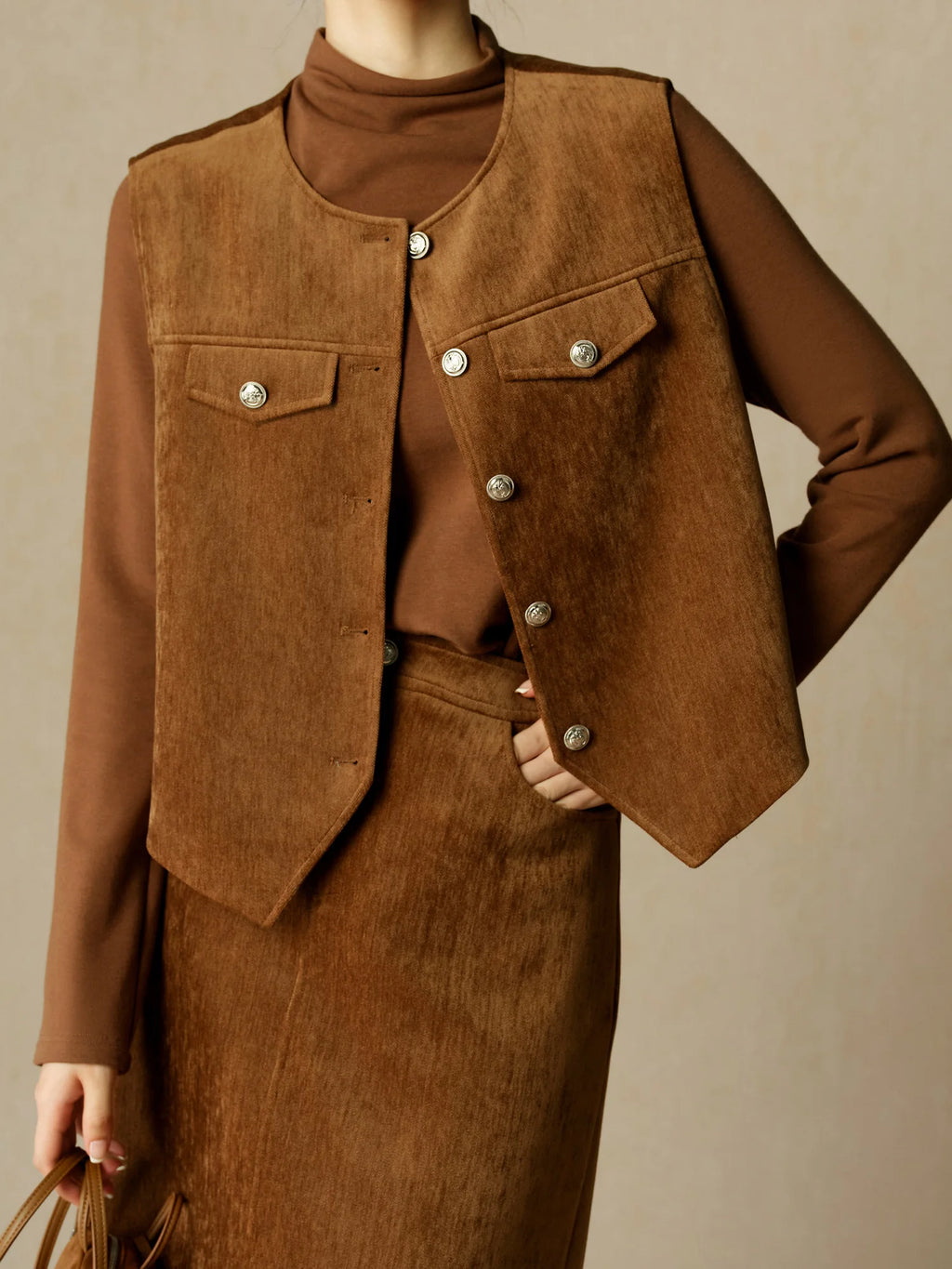 DUSHU Women Vest Sets Brown Short Vest Coats Back Elastic Waist Long A-LINE Skirt Pullover Tops 24DS84604+24DS84605+24DS84606