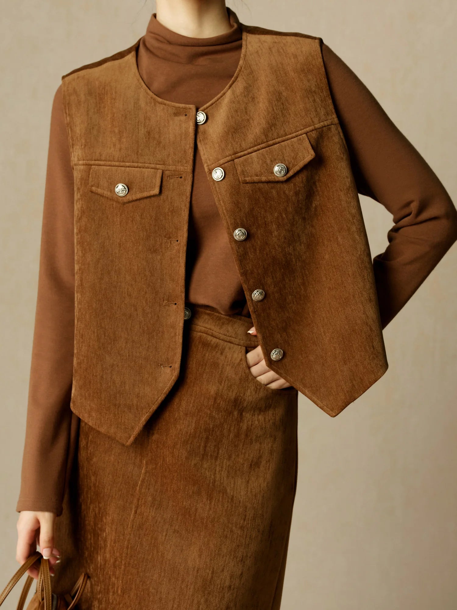 DUSHU Women Vest Sets Brown Short Vest Coats Back Elastic Waist Long A-LINE Skirt Pullover Tops 24DS84604+24DS84605+24DS84606