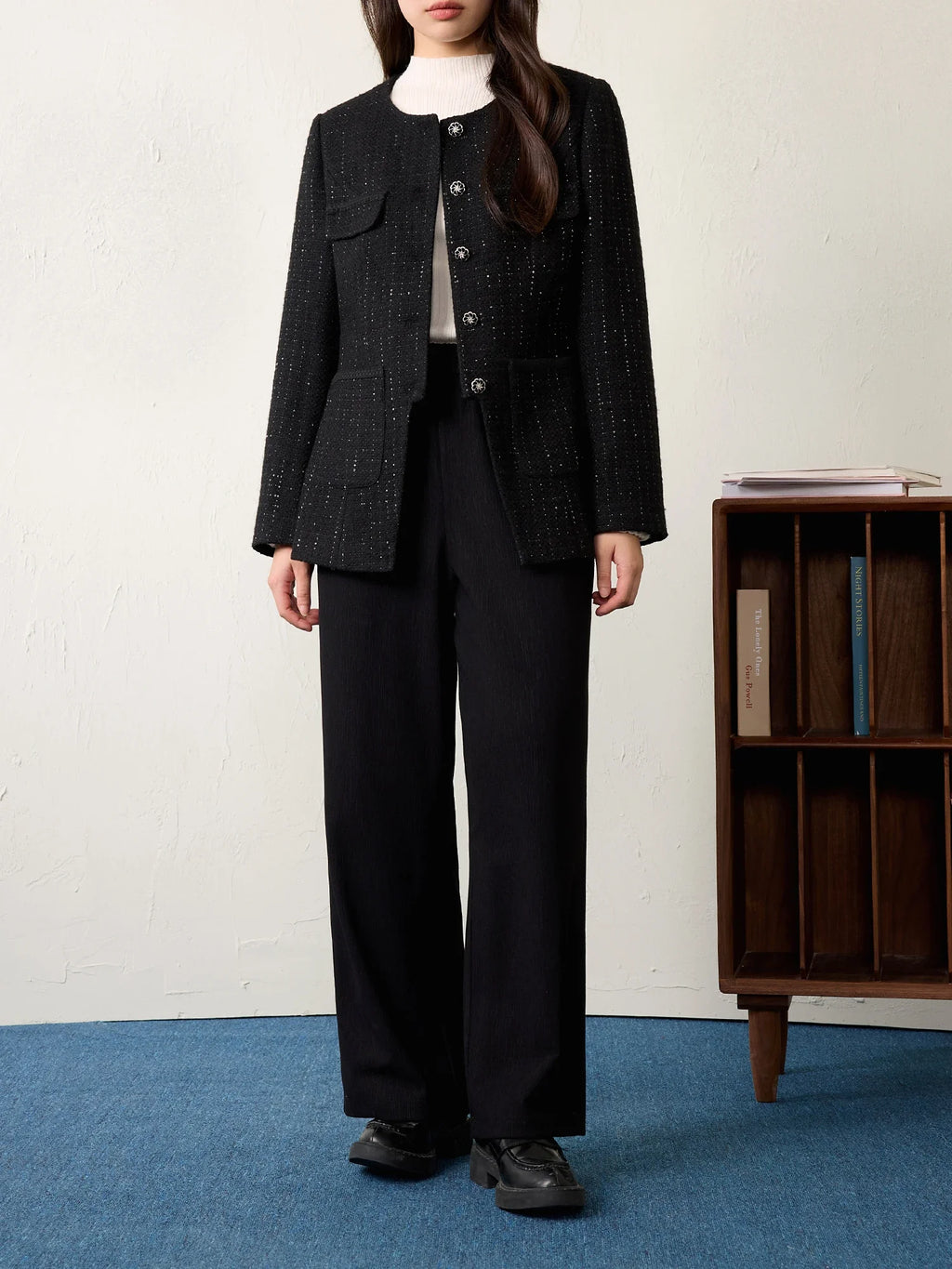 DUSHU Women Spring Casual Pants Beige All-Match Elastic Waist Straight Trousers Black Commuter Long Trouser 25DS81140